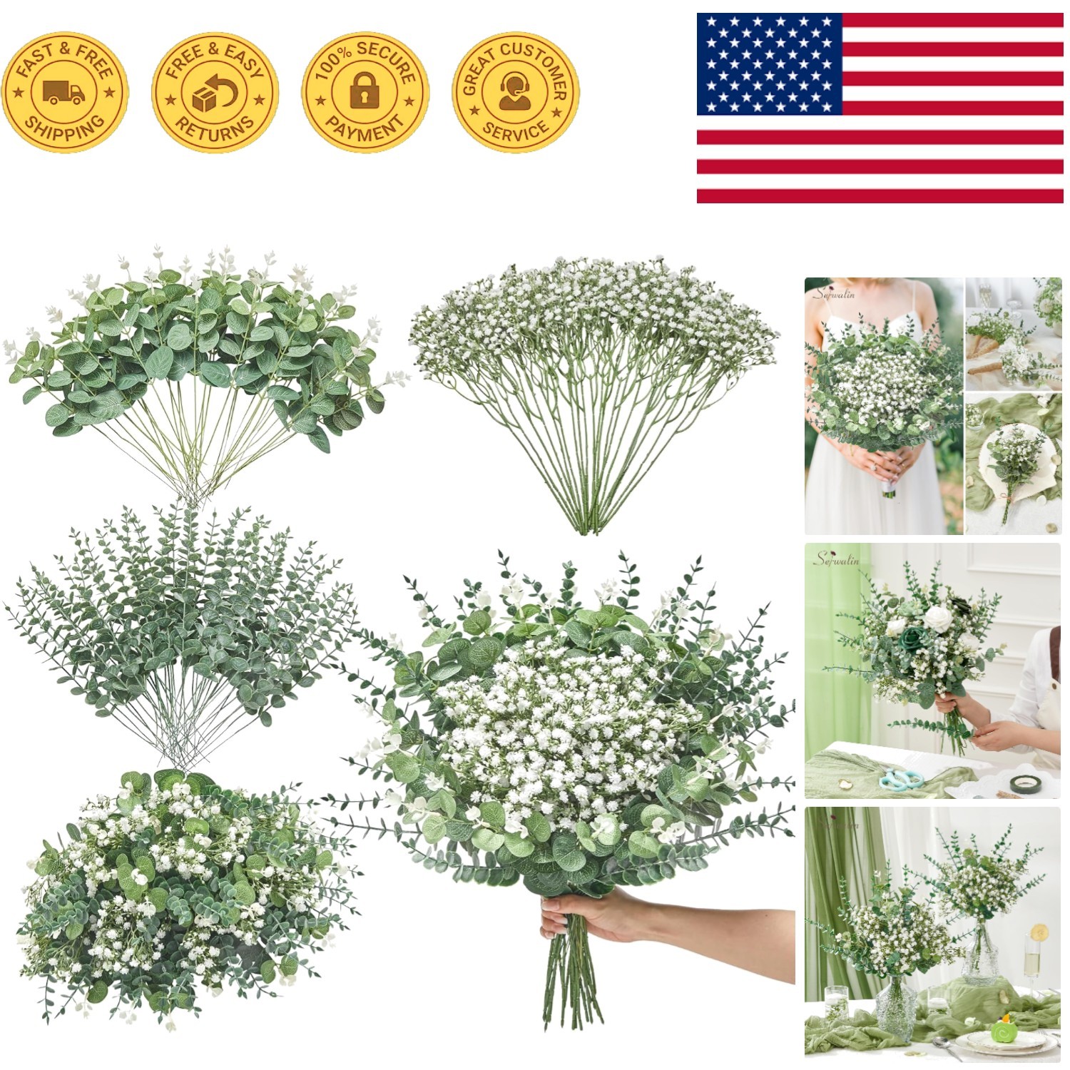 Versatile 100 Pcs Artificial Eucalyptus Stems & Flowers for DIY Floral Creations