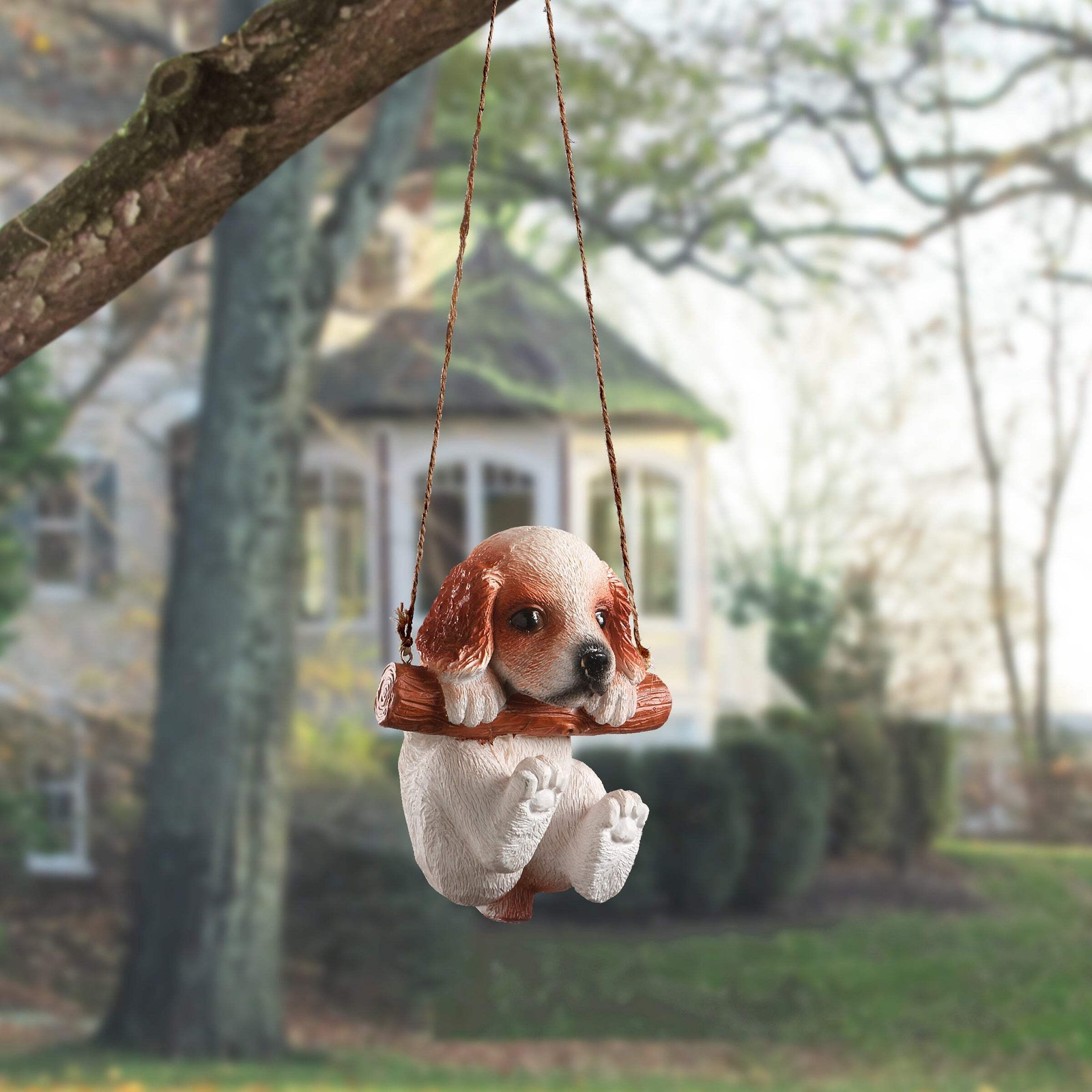 5 in. Spring Hanging Wall Decoration with King Charles Cavalier Puppy on Wooden