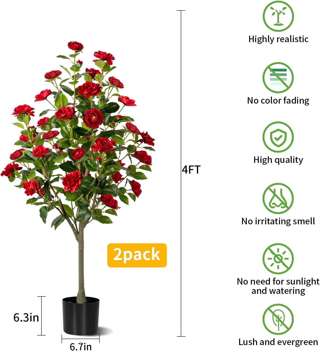 4FT Artificial Camellia Tree Set – Faux Floral Plants in Cement Pots