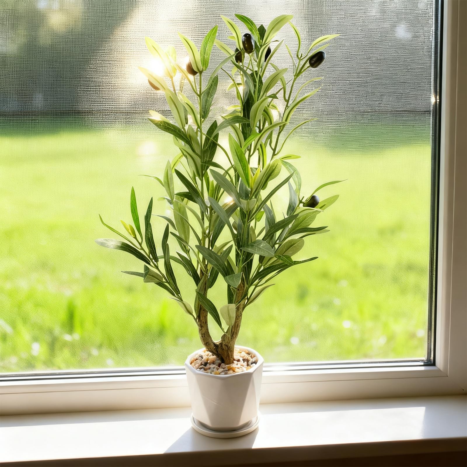 22″ Artificial Olive Tree with Ceramic Pot, Faux Green Potted Plants Indoor F…