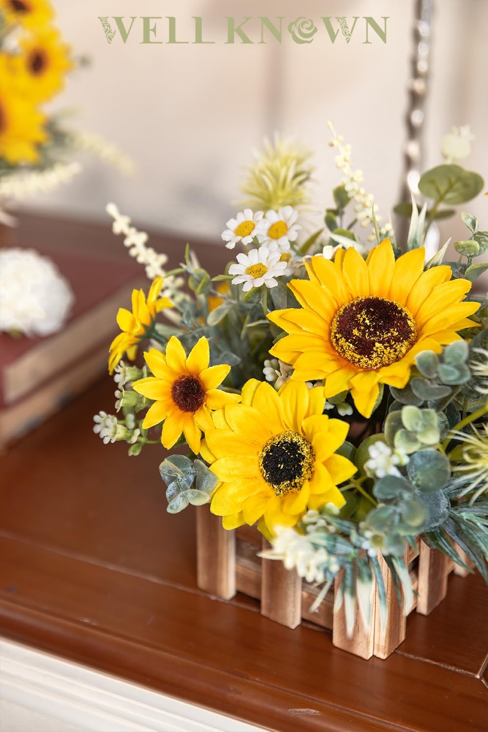 2 PCS Artificial Sunflower Plants Wooden Baskets Faux Flowers Arrangement
