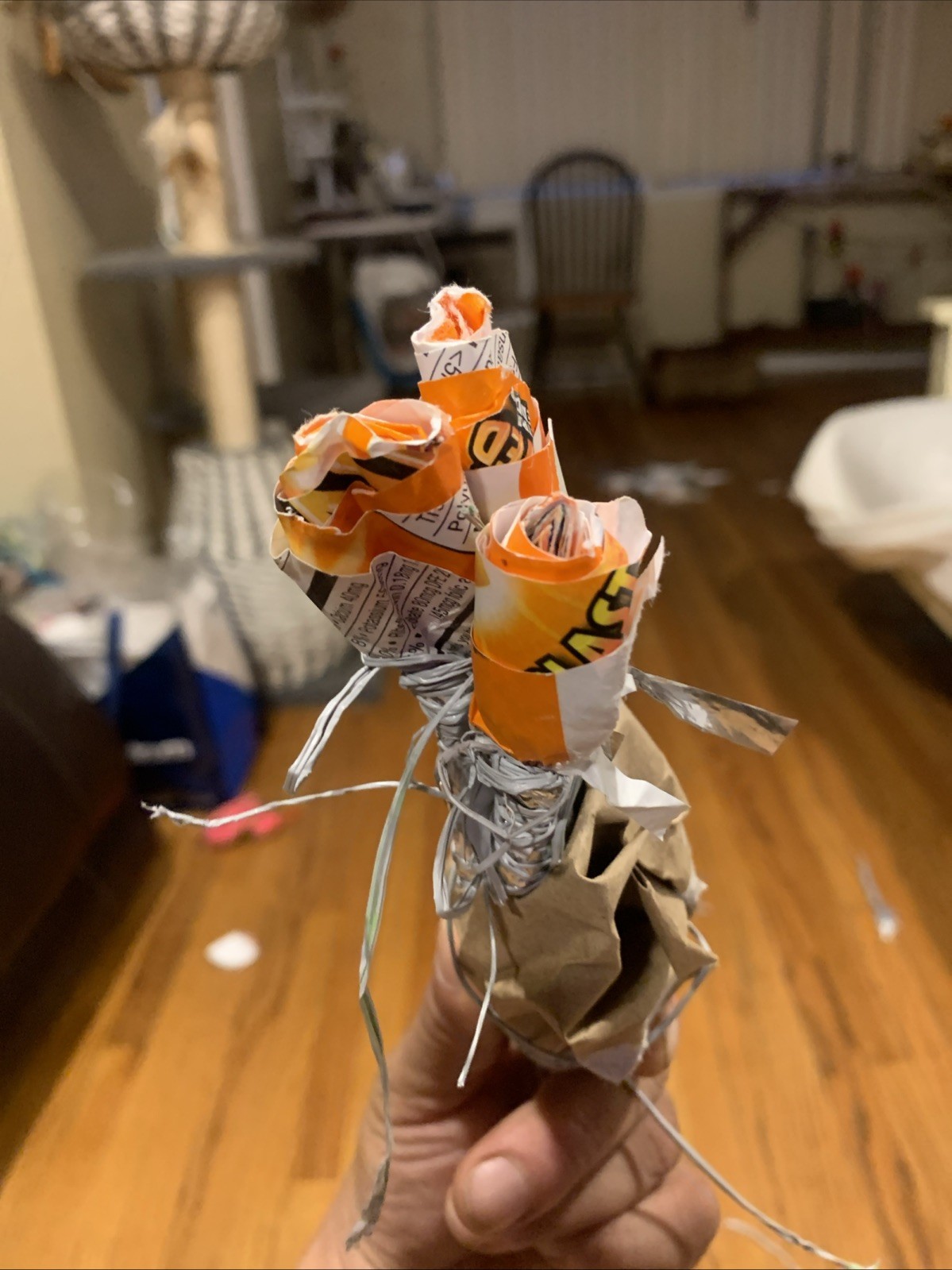 Three Rose Stems w/orange Rose Buds Made From •Gold Fish Snack Cover Wrap W Love