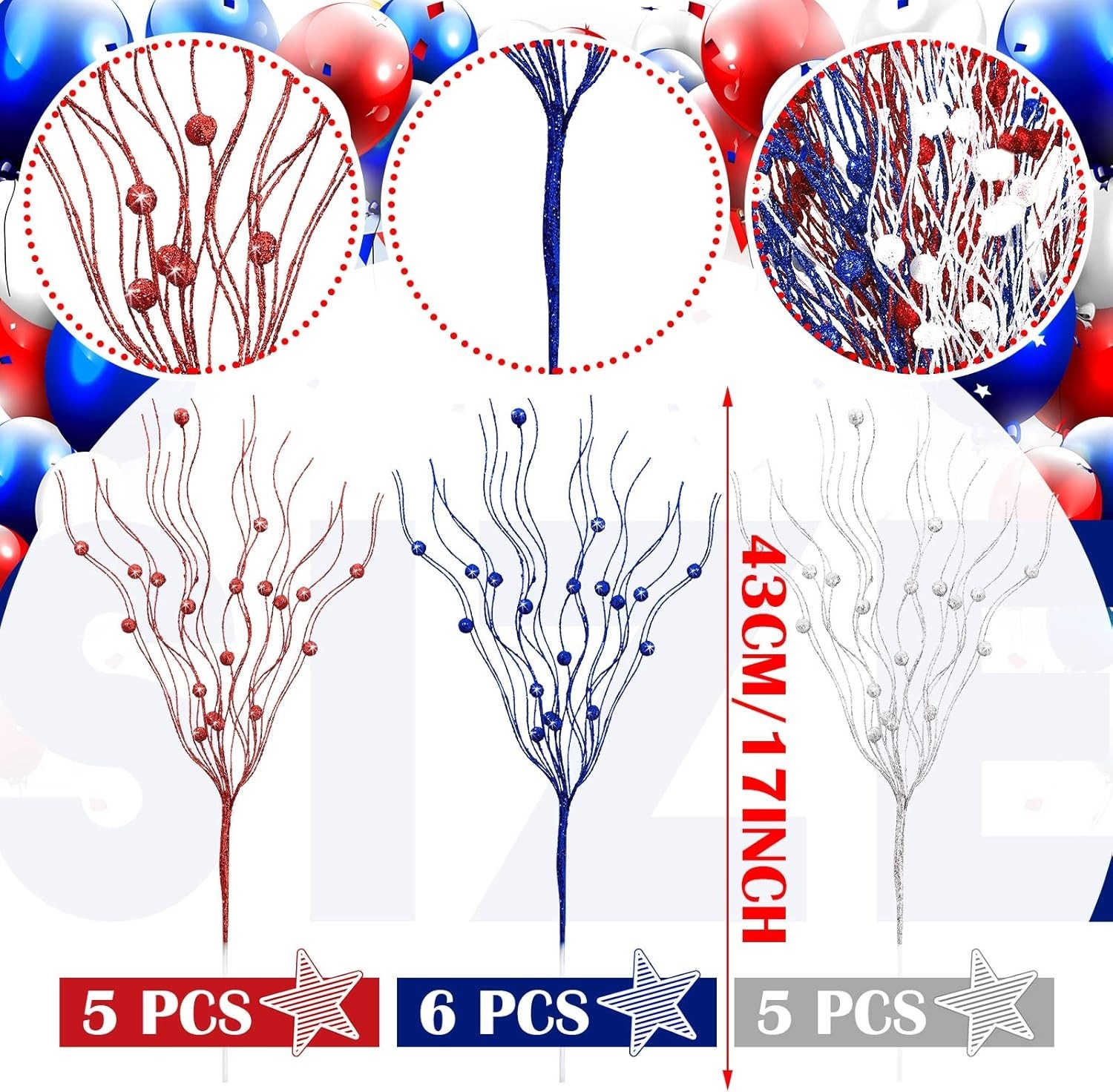 16 Pack Red White and Blue Artificial Flowers 17 Inches 4Th of July Glitter Stic