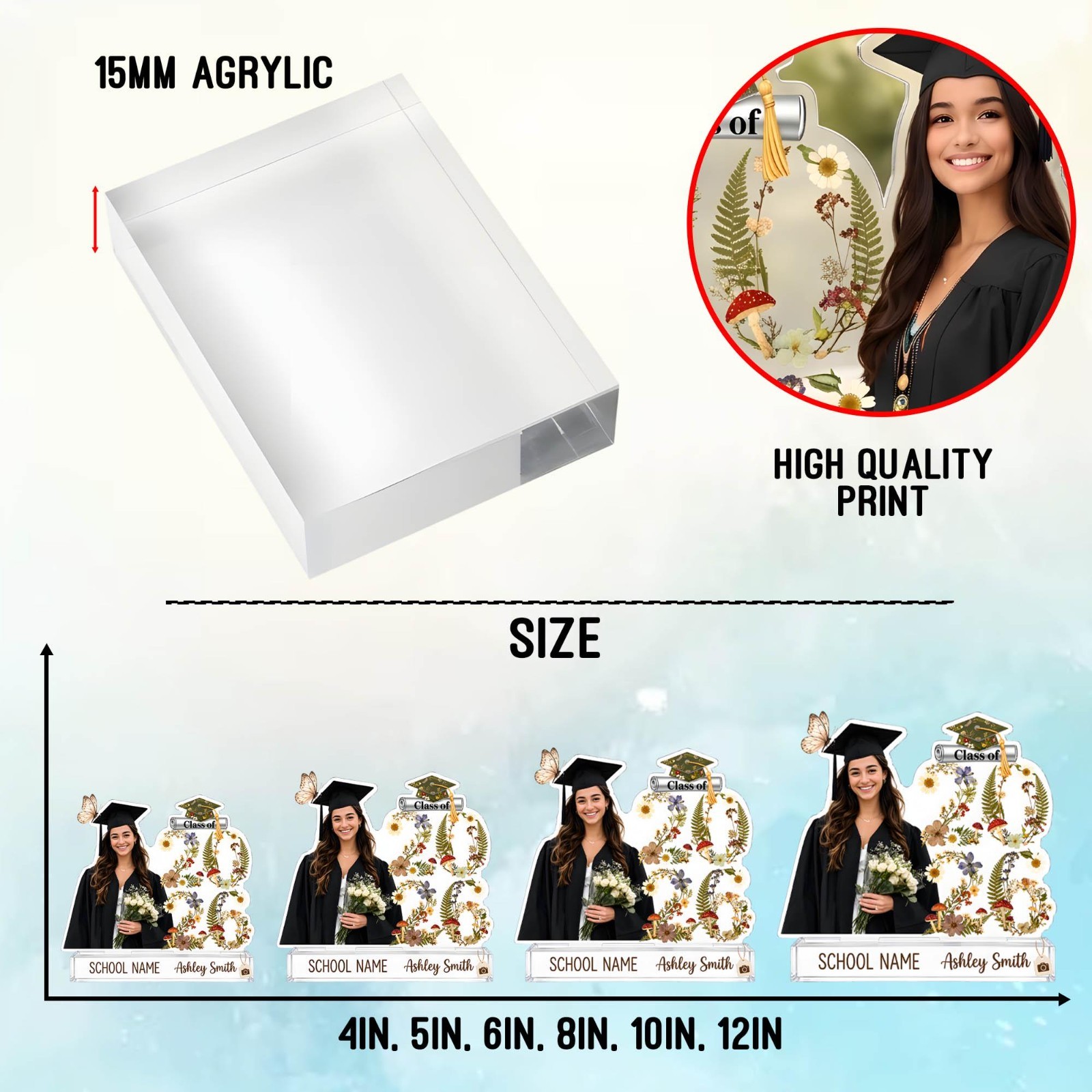 Custom Photo Wildflower Cottagecore Acrylic Block, Class of 2026 Graduation Keep