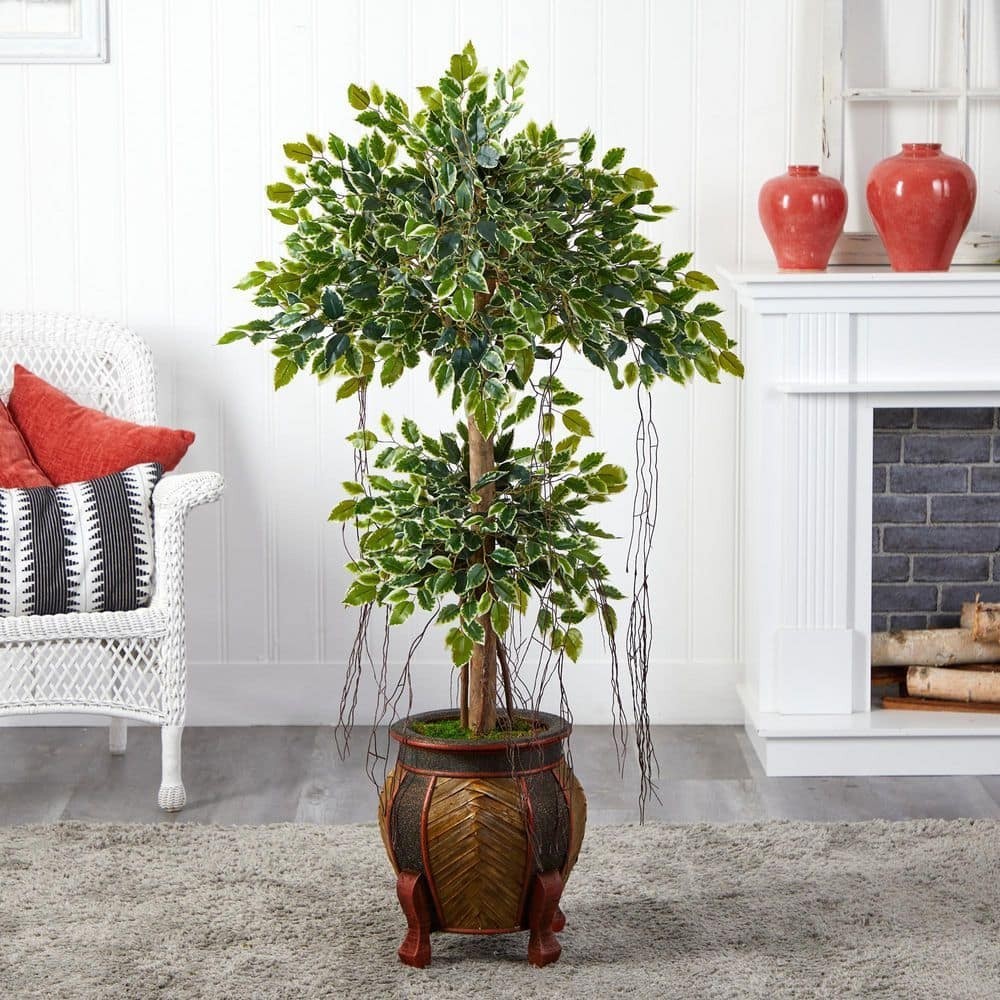 Nearly Natural Artificial Tree 59″H Variegated Ficus Indoor Decorative Vase