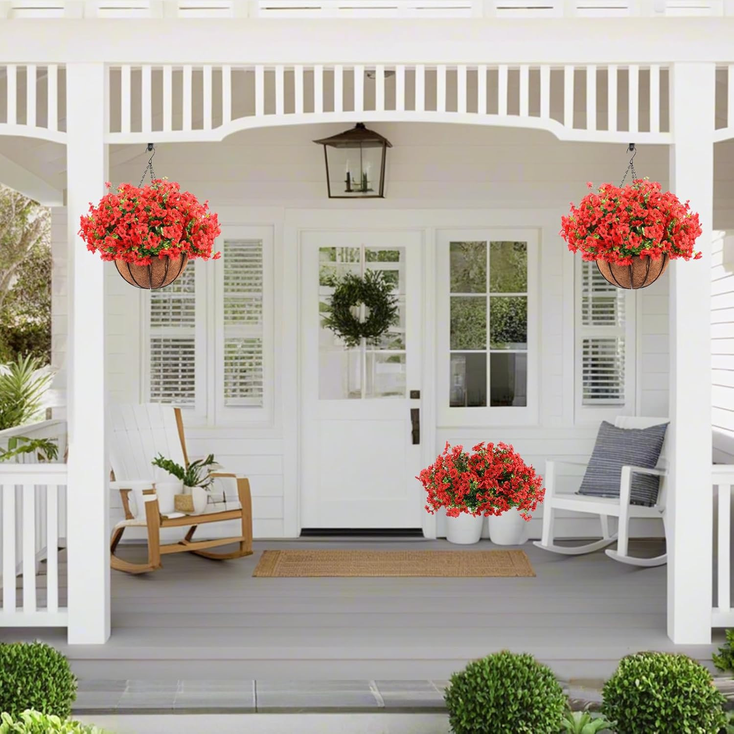 24 Pcs Red Artificial Flowers in Hanging Baskets for Outdoor Decor – 2 Pack