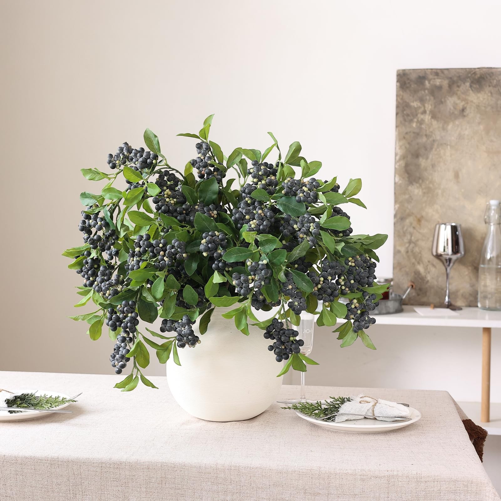 4Pcs 33″Artificial Blueberry Stems, Faux Blueberries Fruit Branch(Blue)