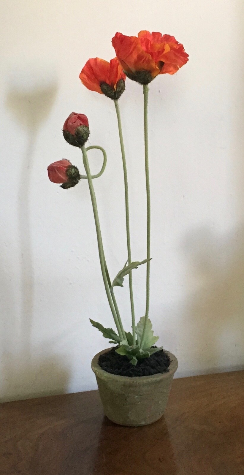 Vintage Fabric Flower or Artificial Plant in Terra Cotta Pot Red Poppy