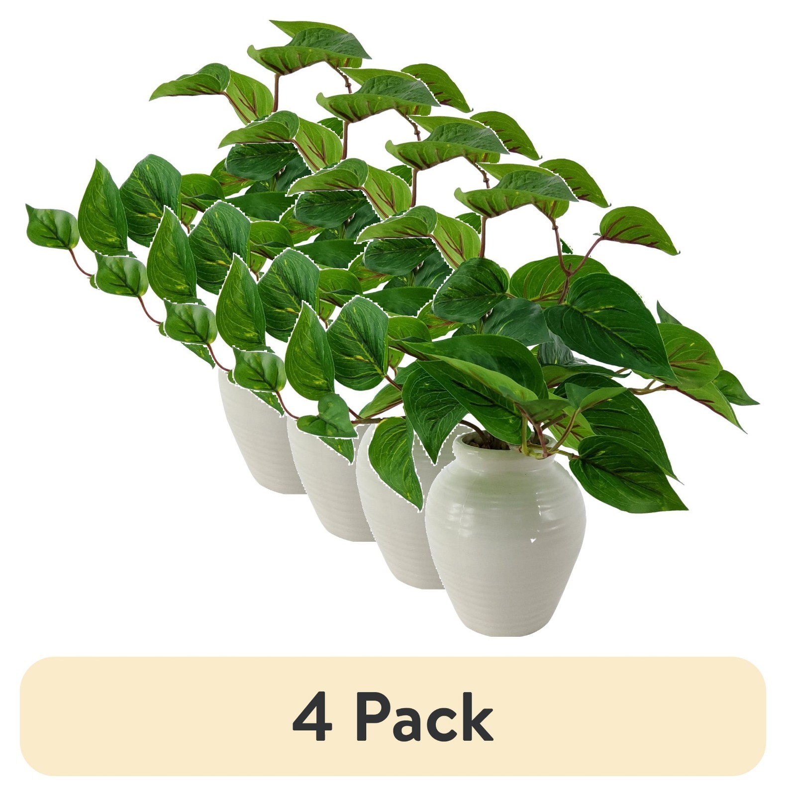 (4 pack) 11” Artificial Golden Pothos in White Color Ceramic Pot