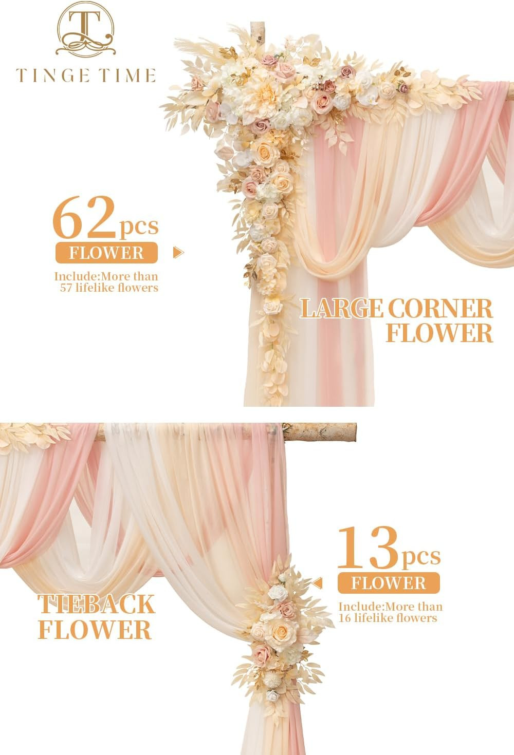 Wedding Arch Flowers Kit – Deluxe 5Pcs Artificial Floral Swag with 3 Sheer Drape