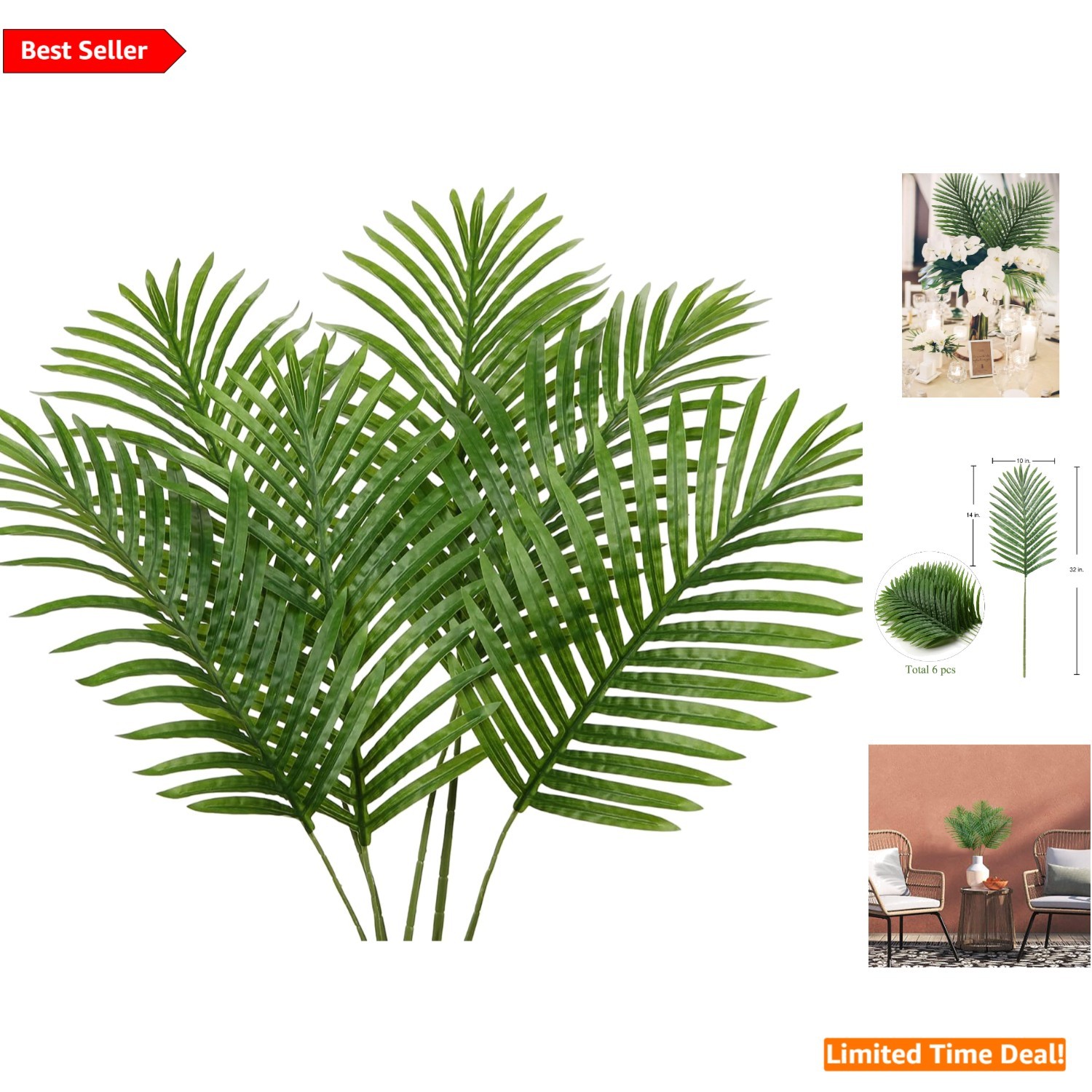 Large Artificial Palm Leaves 6PCS – 30” Faux Fronds for Floral & Event Decor
