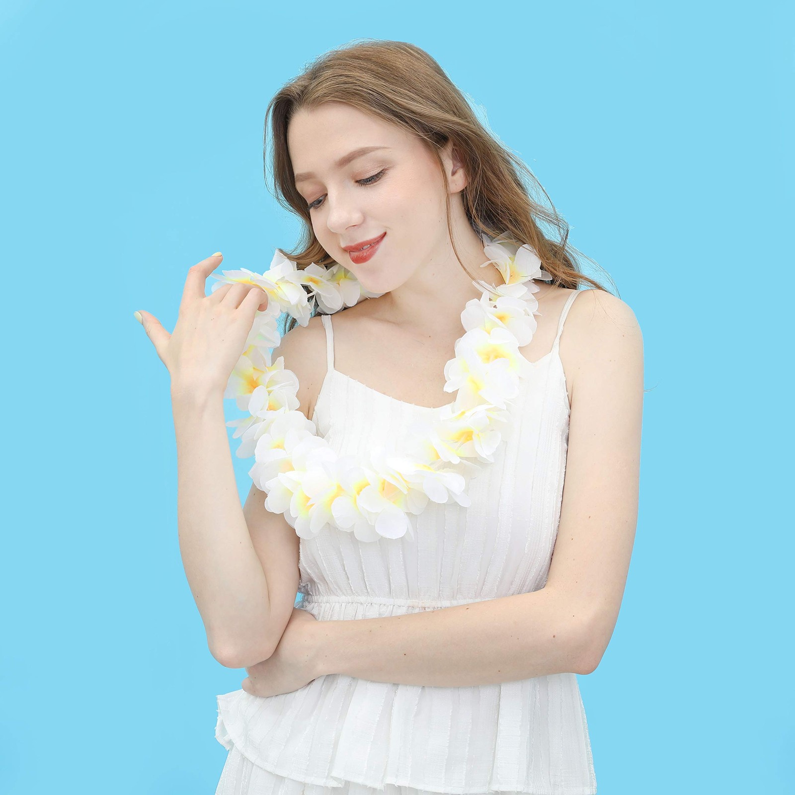 Pack of 5 Ruffled Hawaiian Simulated Silk Flower Hula Luau Party Leis Necklac…