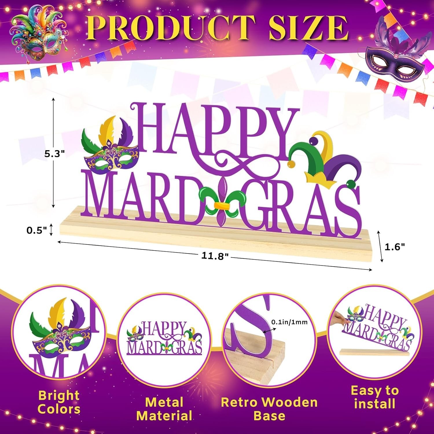 Happy Mardi Gras Metal Table Sign, Mardi Gras Table Decoration Centerpiece, Meta