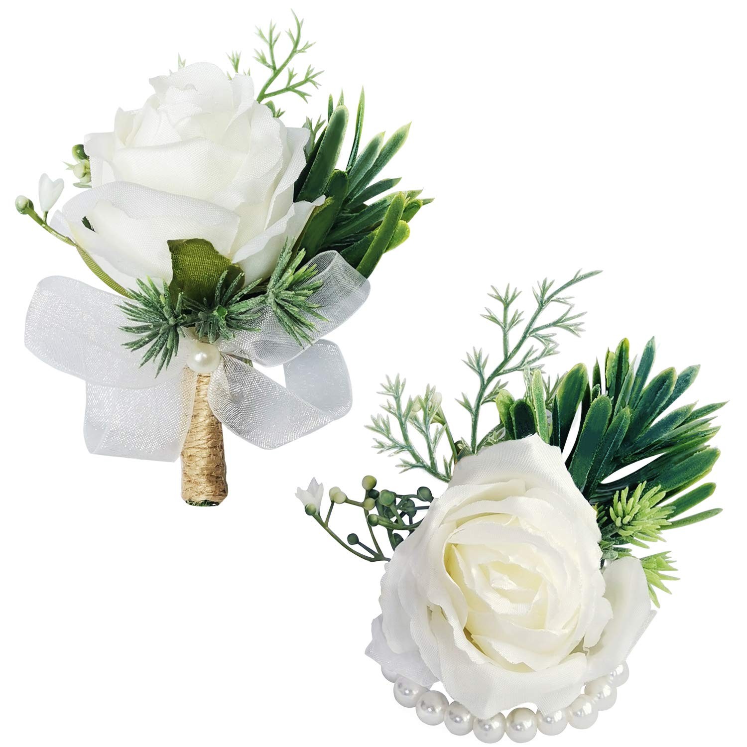 2 PCS White Rose Wrist Flower & Mens Corsage Wedding Ceremony Boutonniere