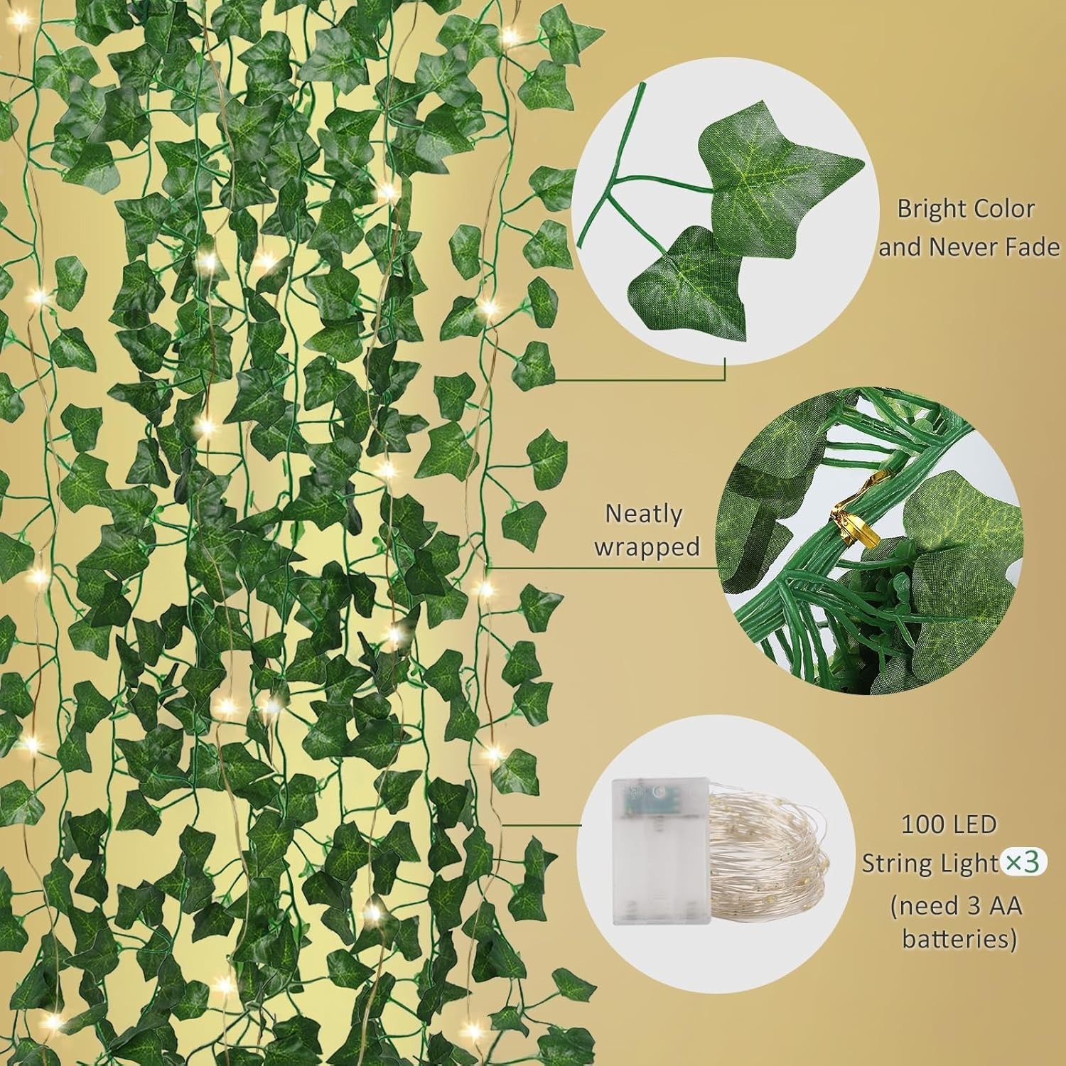 36 Pack of Lifelike Ivy Vines with 300 LED String Lights for Indoor/Outdoor Use