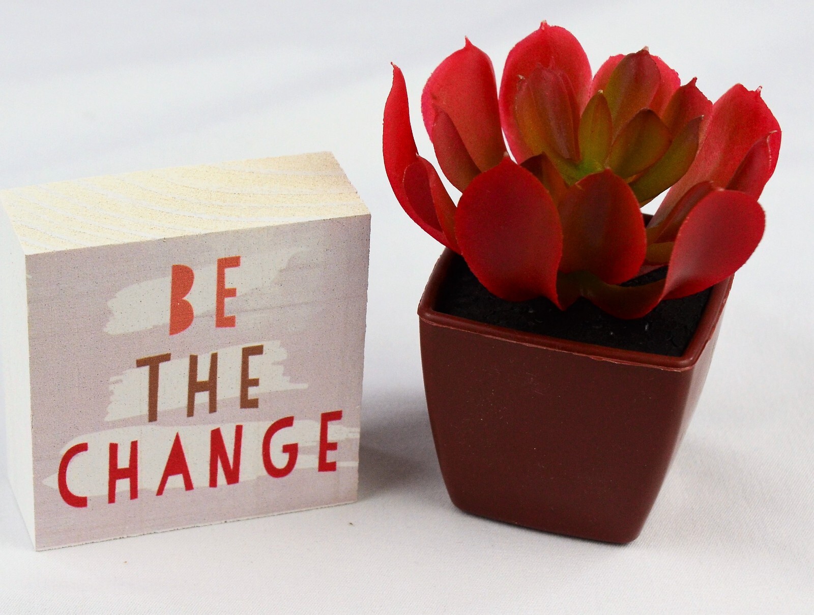 Artificial Succulent 3 in. Plastic Plant Be The Change Sign Decor – 2 Piece Set