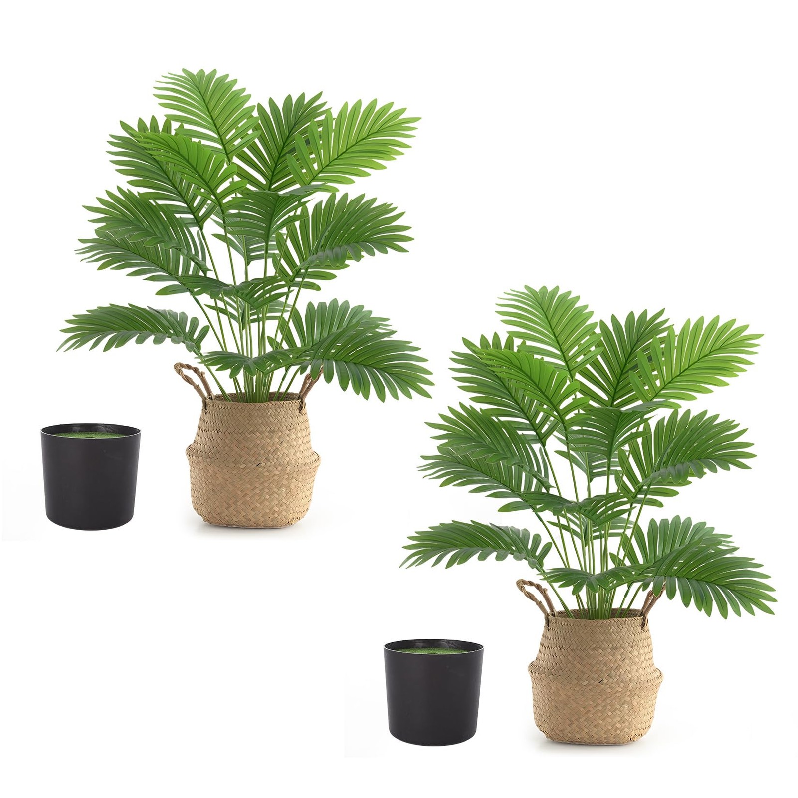 2 Pack Artificial Palm Tree Plants in Black Pot & Woven Basket, 32″ Fake Maje…