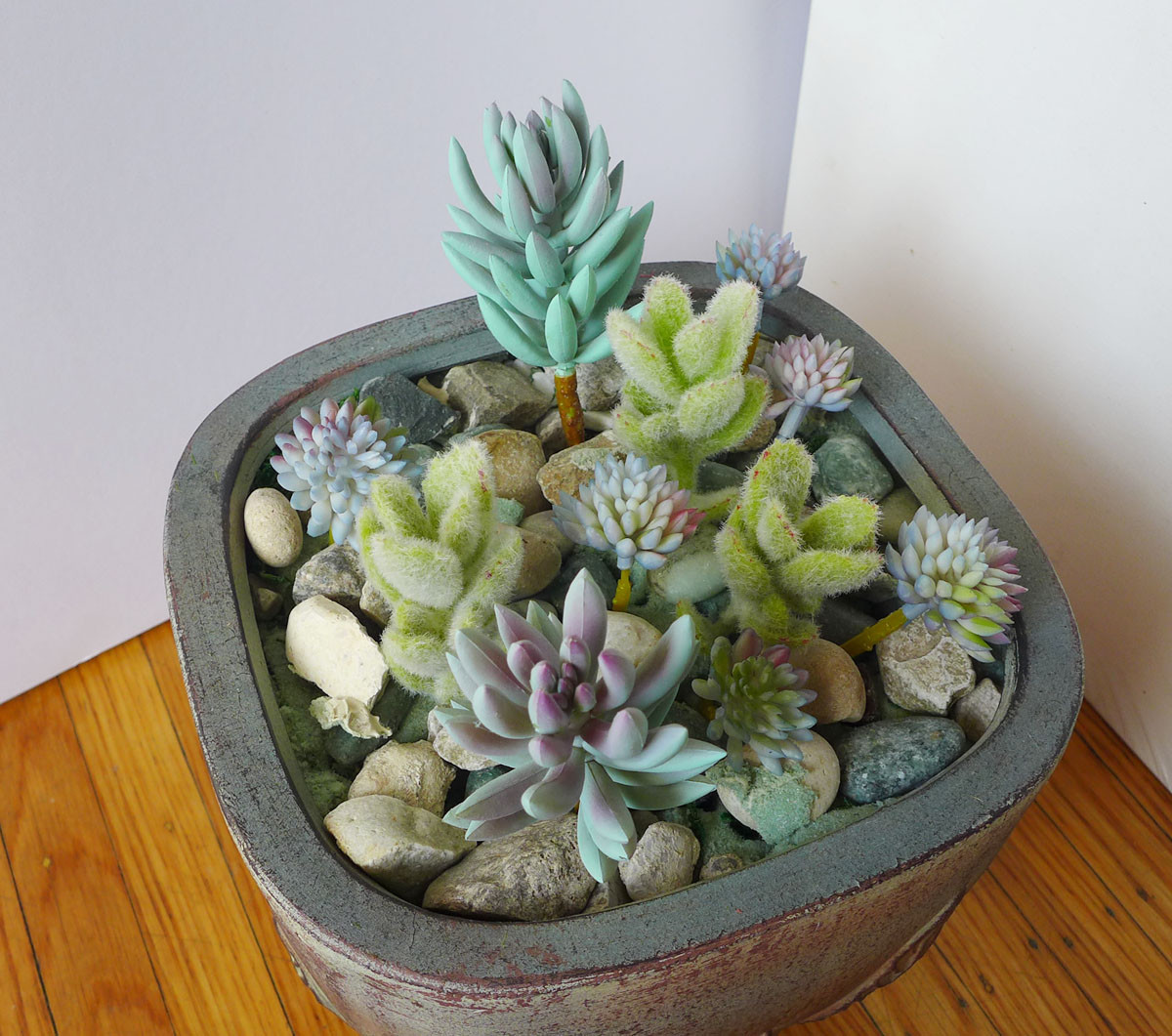 11 Pieces Artificial Mini Plants Flocking Succulents Grass(Gray + Blue)