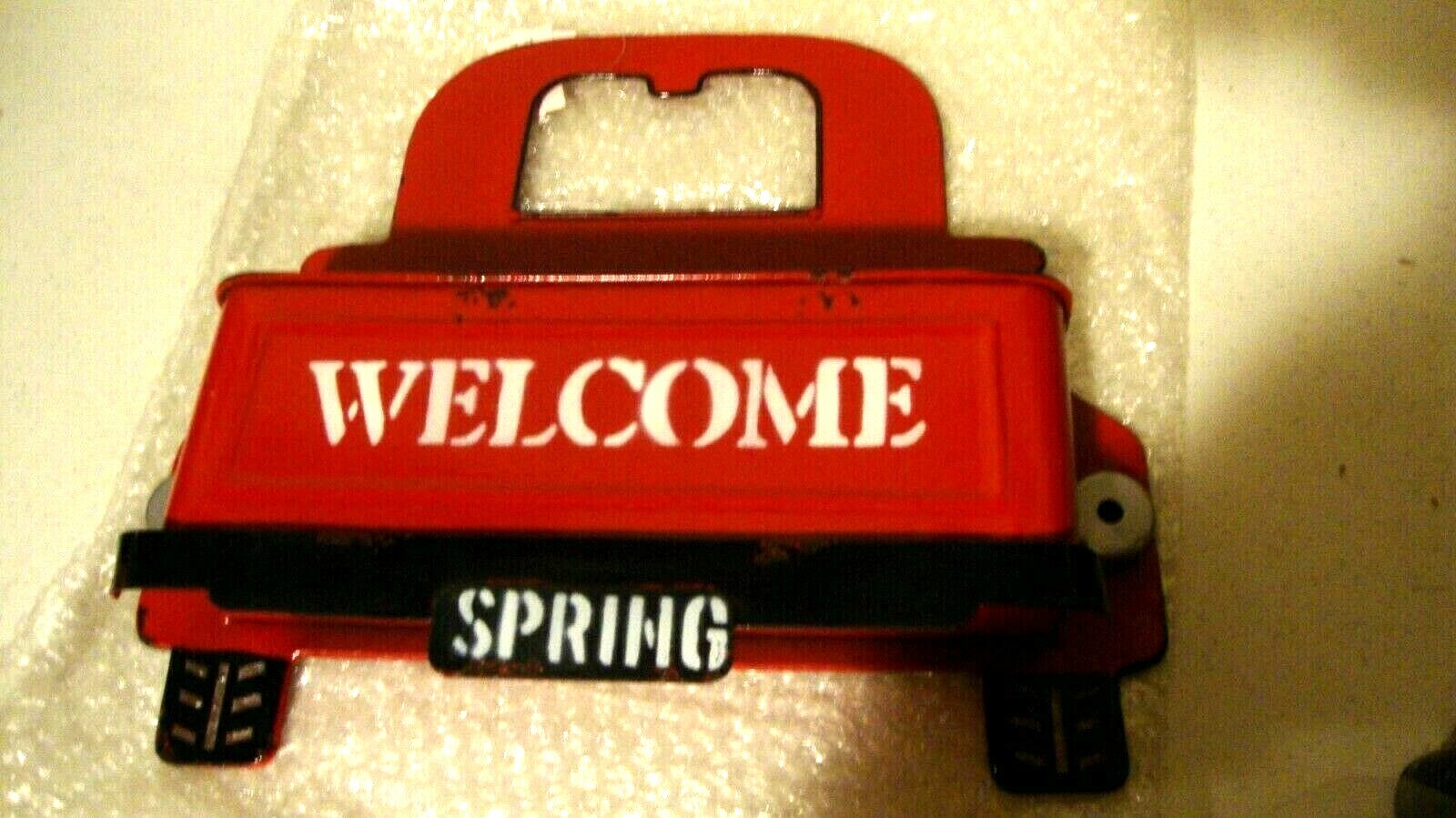New Welcome Spring Red Truck metal wall pocket