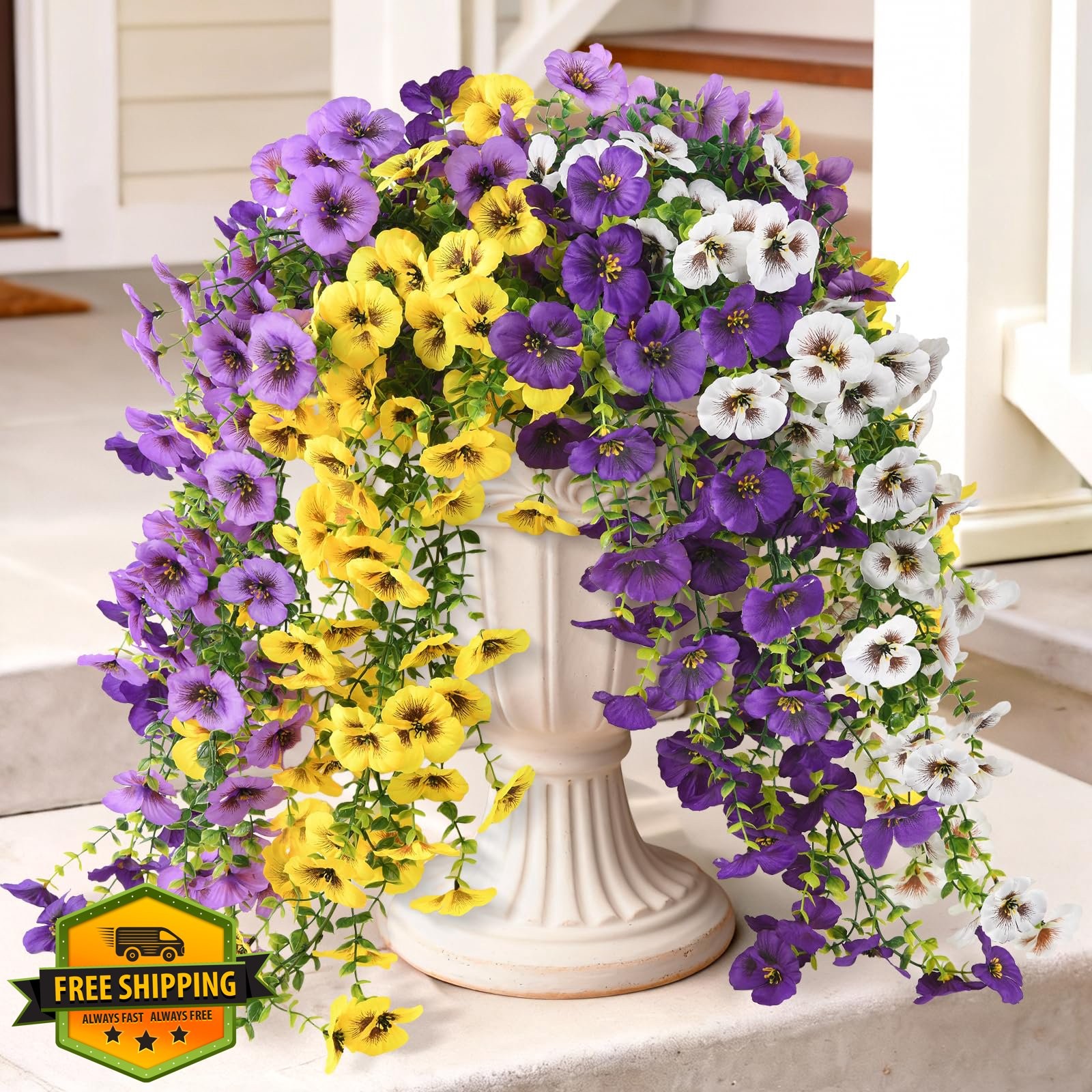 4pc Purple Yellow White Fake Hanging Pansy Flowers UV Resistant Silk Outdoor