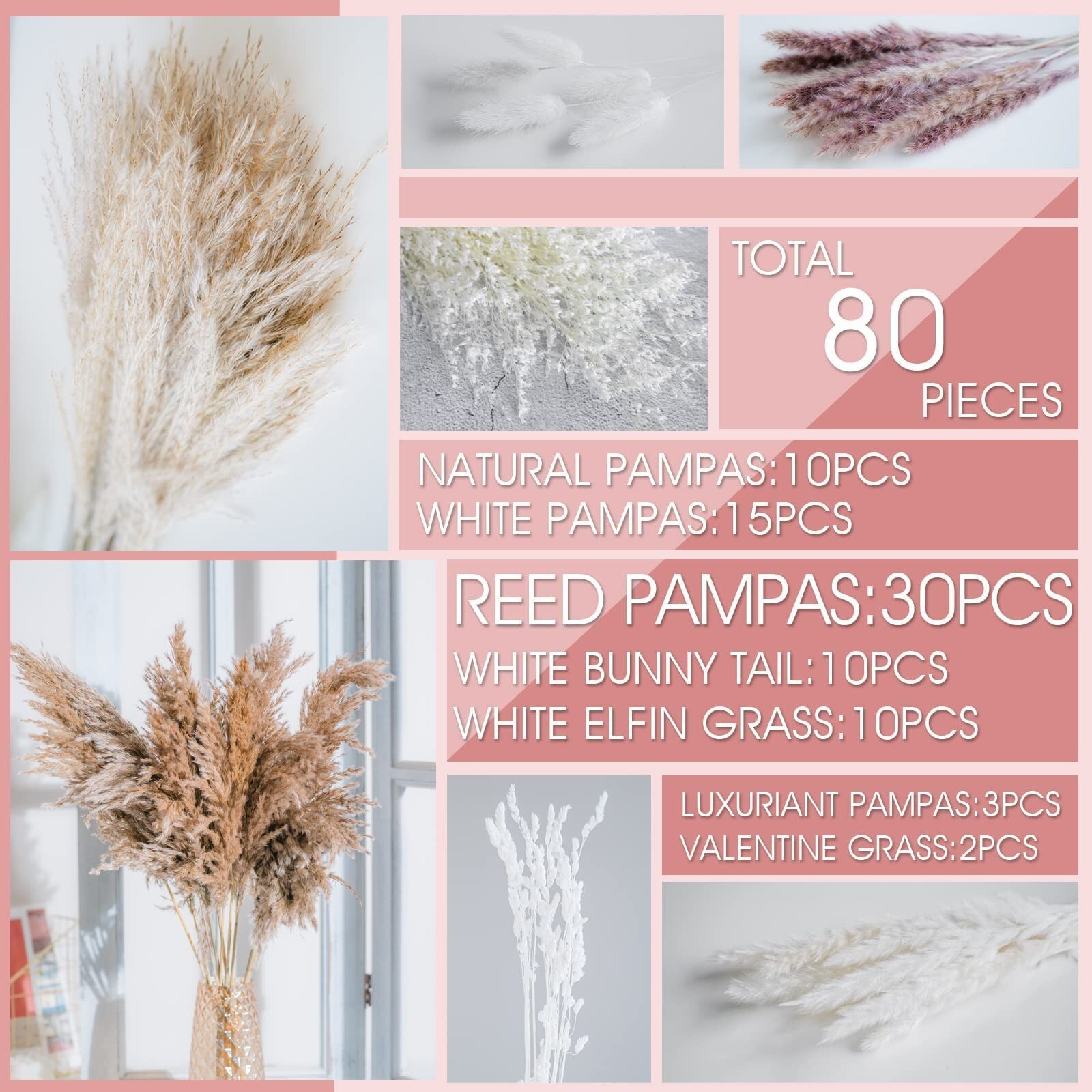 86PCS Natural Dried Pampas Grass Bouquet,Boho Home Decor Bouquet, Phragmites …