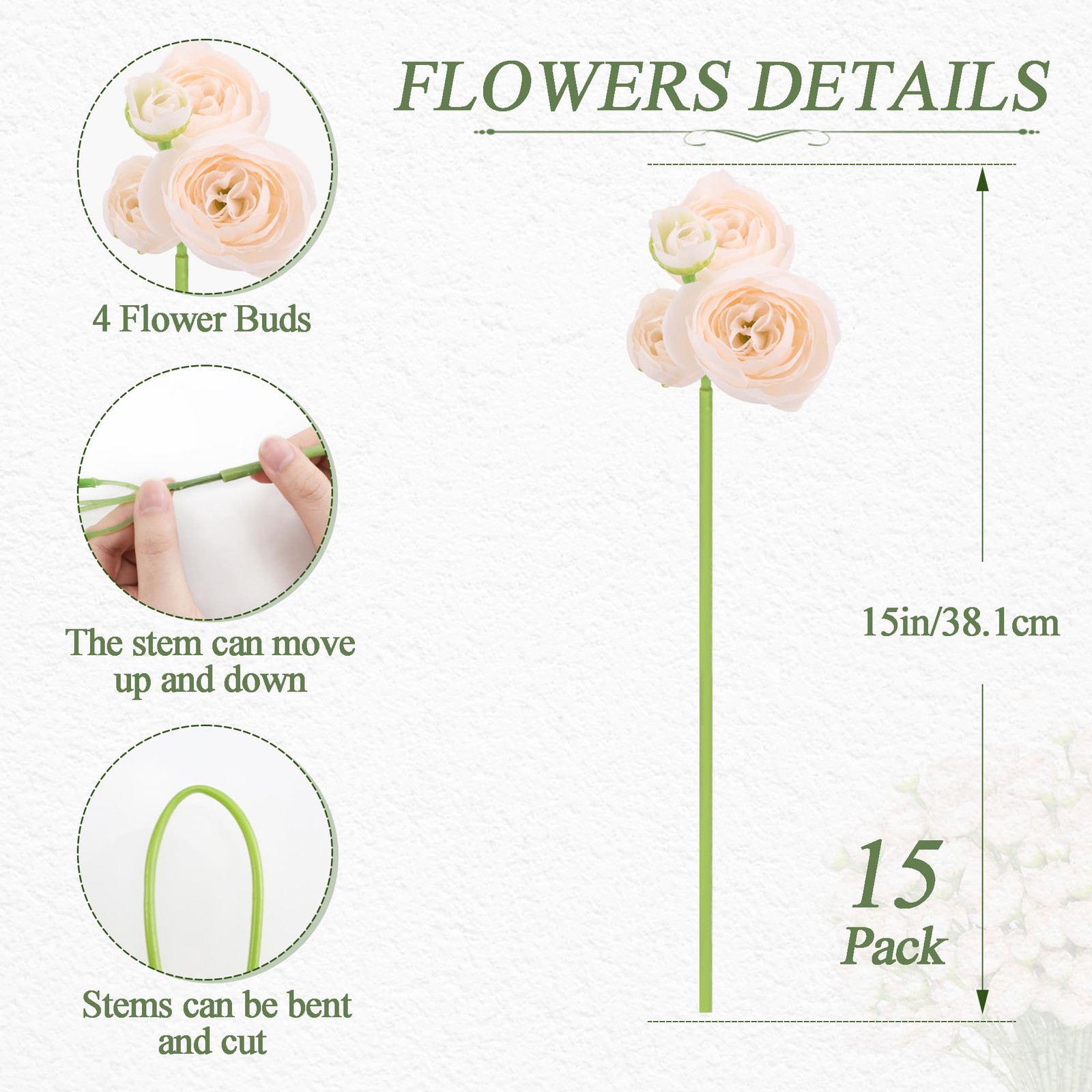 Ranunculus Artificial Flower Champagne Faux Silk Mini Ranunculus Flowers Fake…