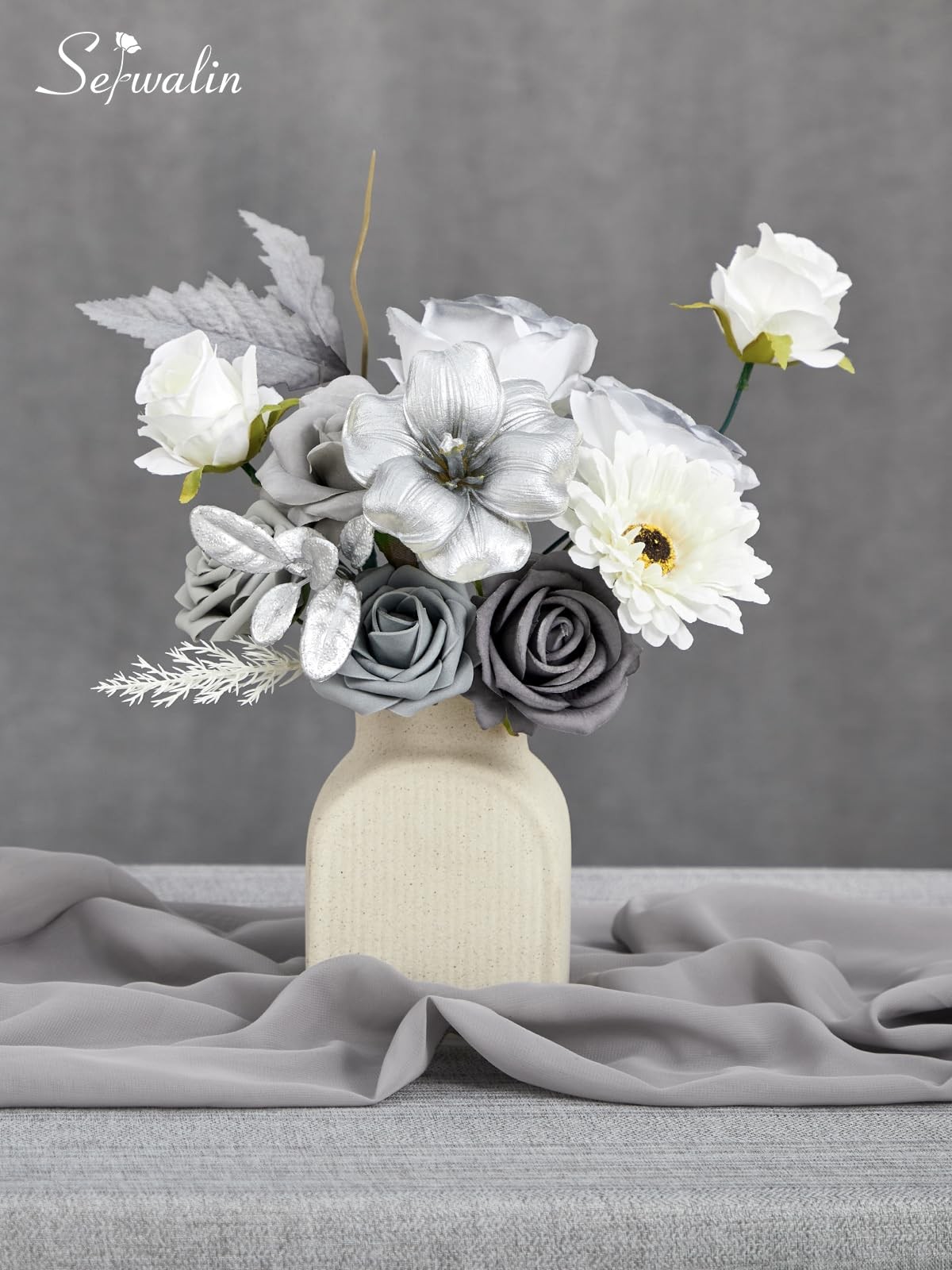 Artificial Flower Silver Grey Roses White Fake Cake Box Set Wedding Decor