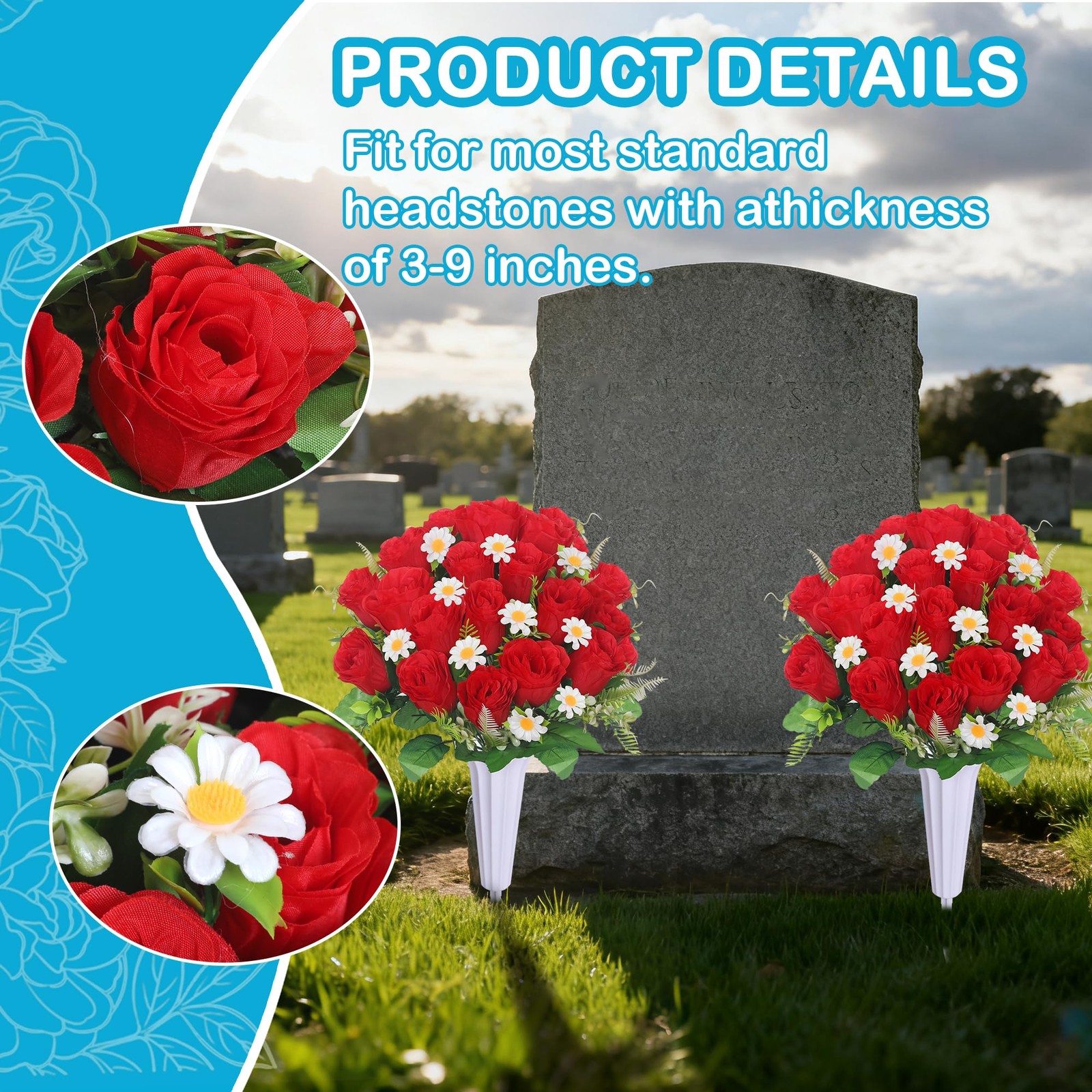 Artificial Cemetery Flowers Red Roses 2 Bouquets 2 Vases Memorial Set