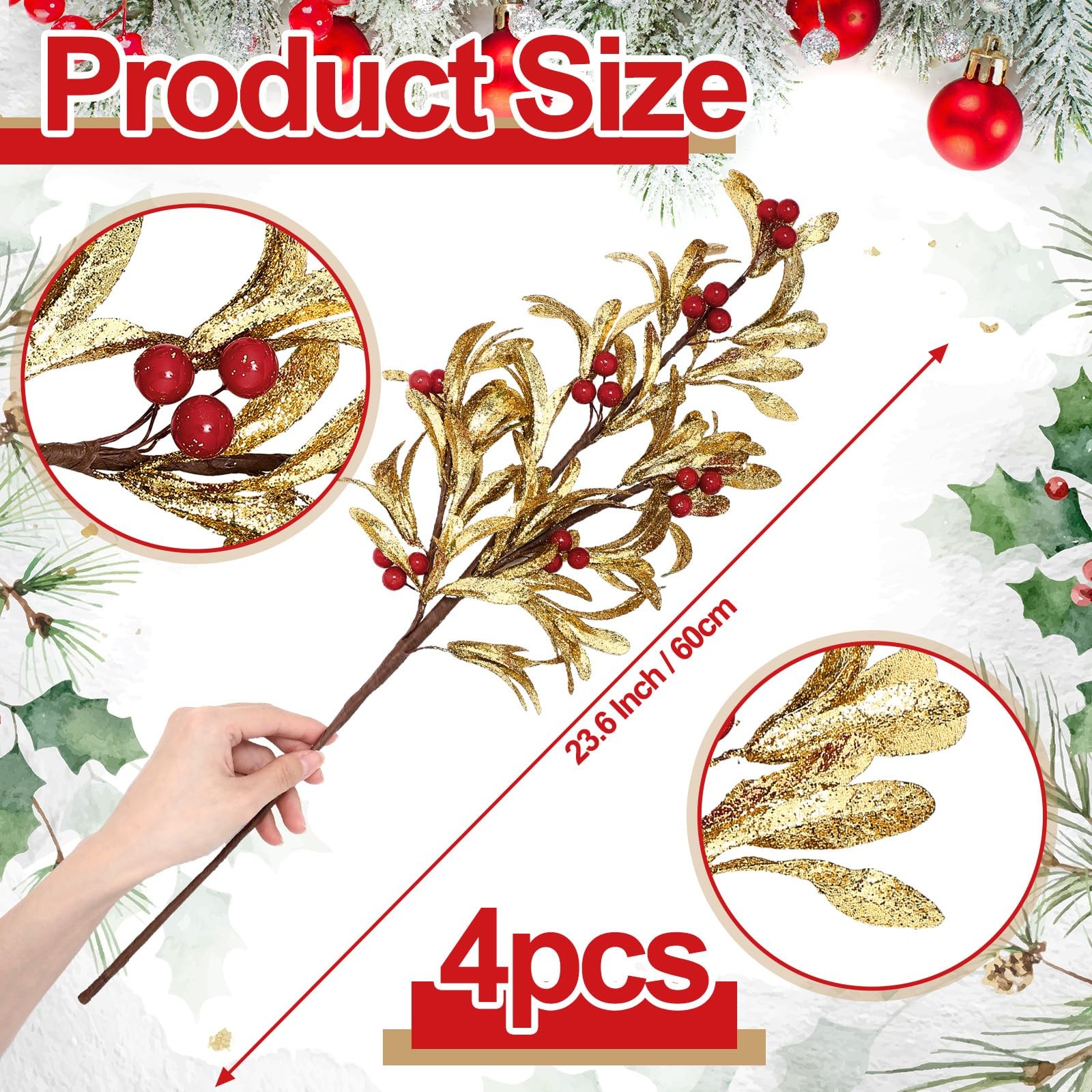 4 Pcs Christmas Artificial Mistletoe Picks 23.6 Inch Xmas Fake Flowers with R…