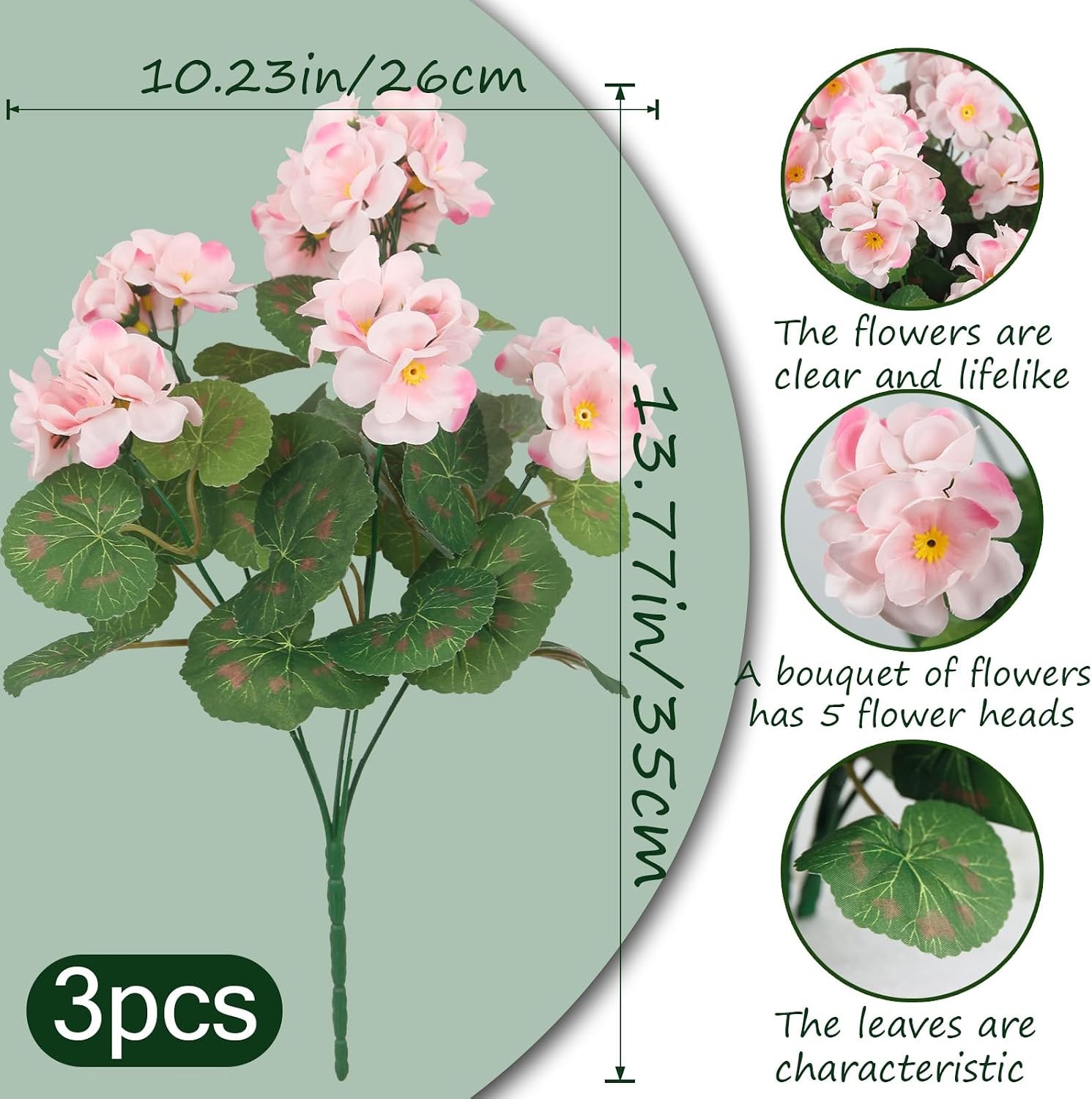 3 Pcs Artificial Flowers Silk Geraniums for Outdoors UV Resistant Pink