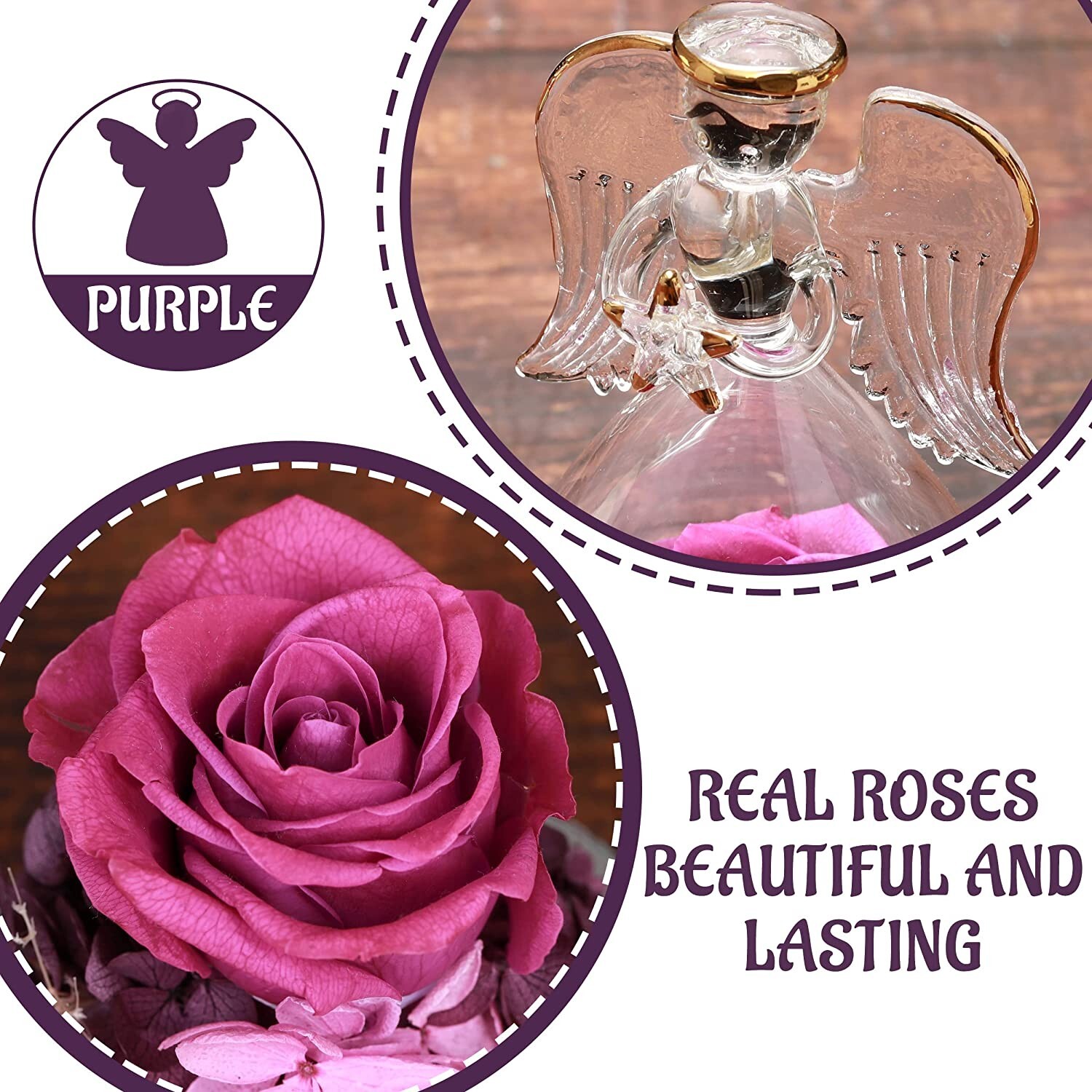 Preserved Purple Rose Christmas Birthday Gift Glass Angel For Women Wife Mom