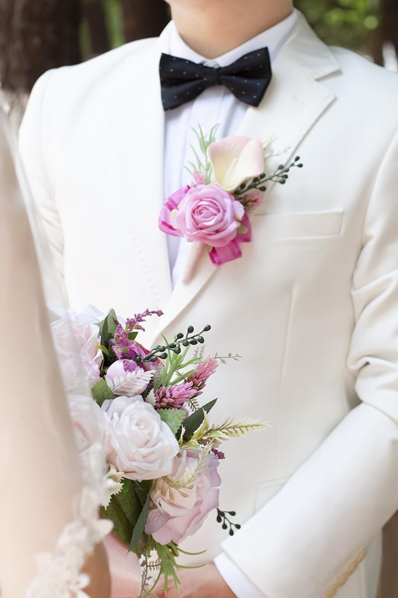 Soft Rose Pink Corsage and Boutonniere Set for Wedding Prom, Artificial Calla Li