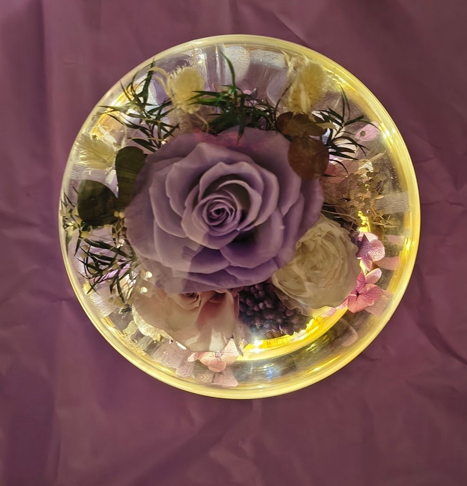 Artificial Rose Floral Arrangement Glass Dome with LED Lights, Purple White
