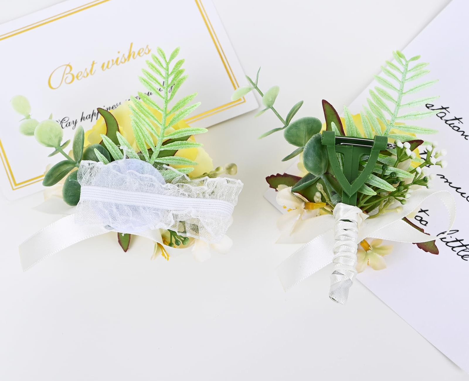 2 Pieces Artificial Flower Wrist Corsage and Boutonniere Set Yellow Wedding