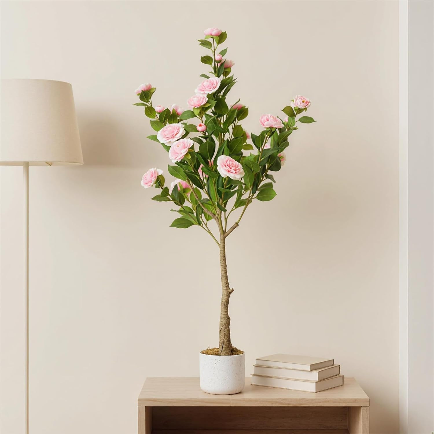 Faux Camellia Tree 2 Pack – 43″ Tall Pink Flowering Plants for Home Decor