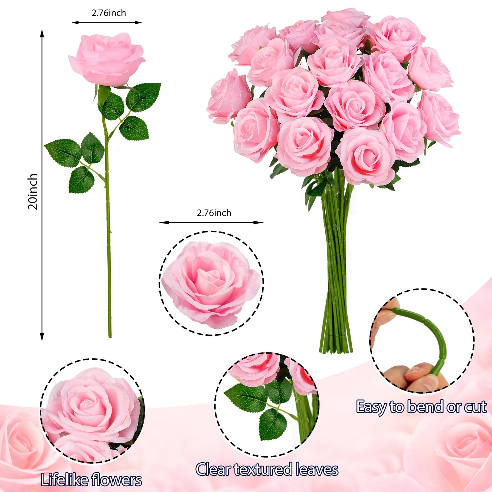 20 Pcs Pink Roses Artificial Silk Flowers Fake Roses Bouquet with Long Stems …