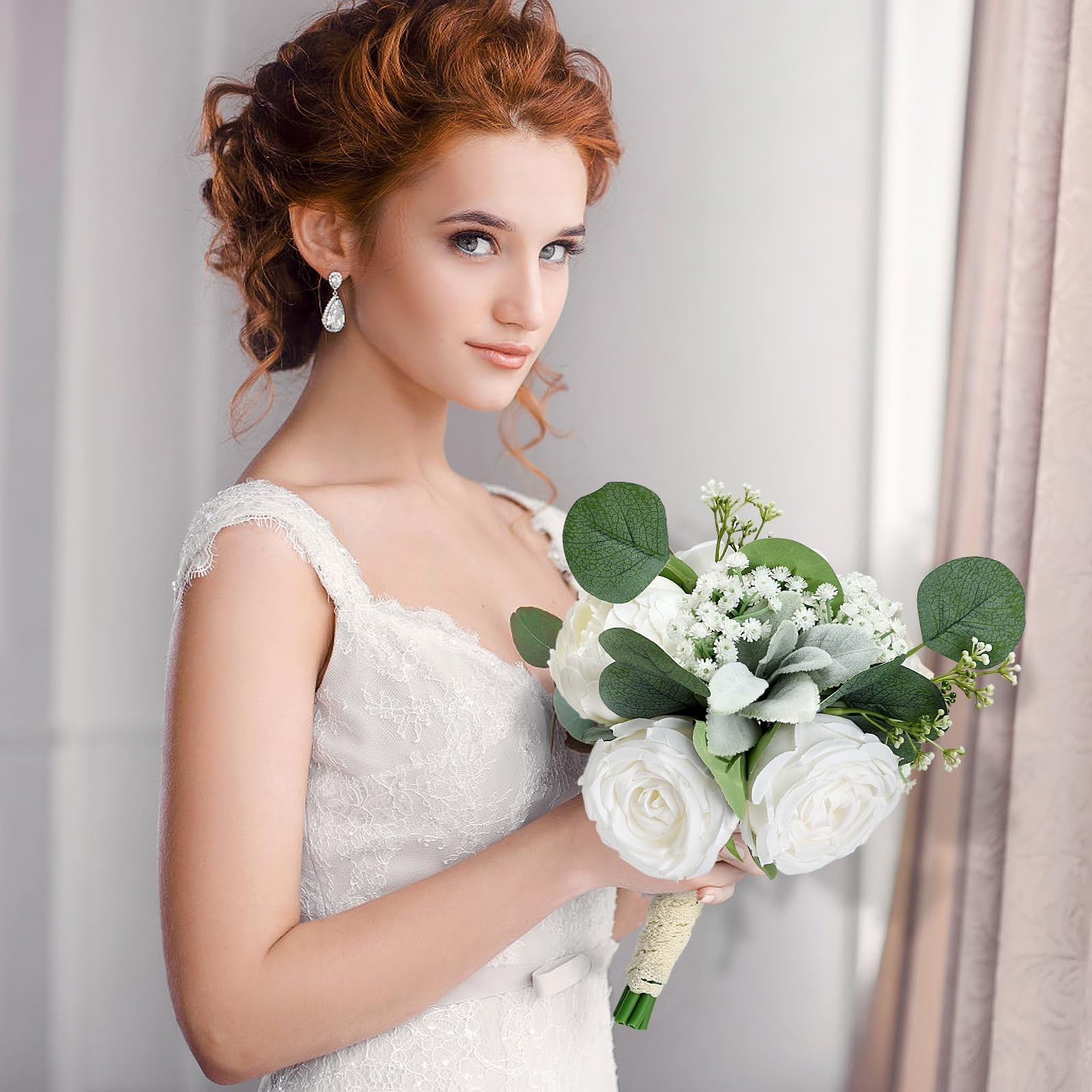 4 PCS Ivory White Peonies & Rose Bridesmaid Bouquets Wedding Decor