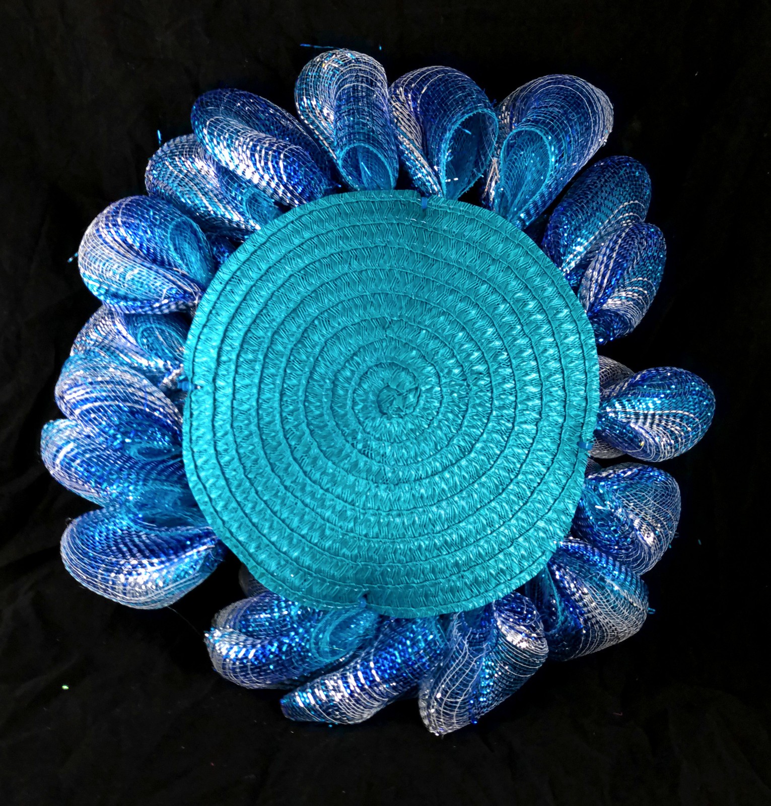 Beautiful Deco Mesh Turquioise Scalloped Flower Wreath