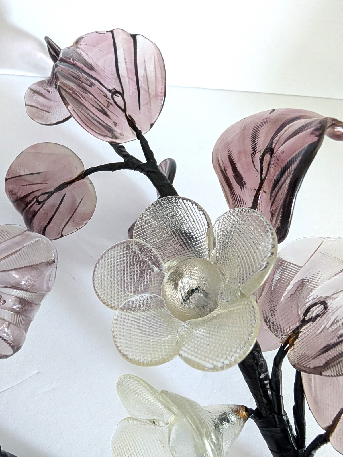 Vintage Hand Blown Glass Smoky Amethyst Flower Branches Set Of 3 Stalks MCM 15″