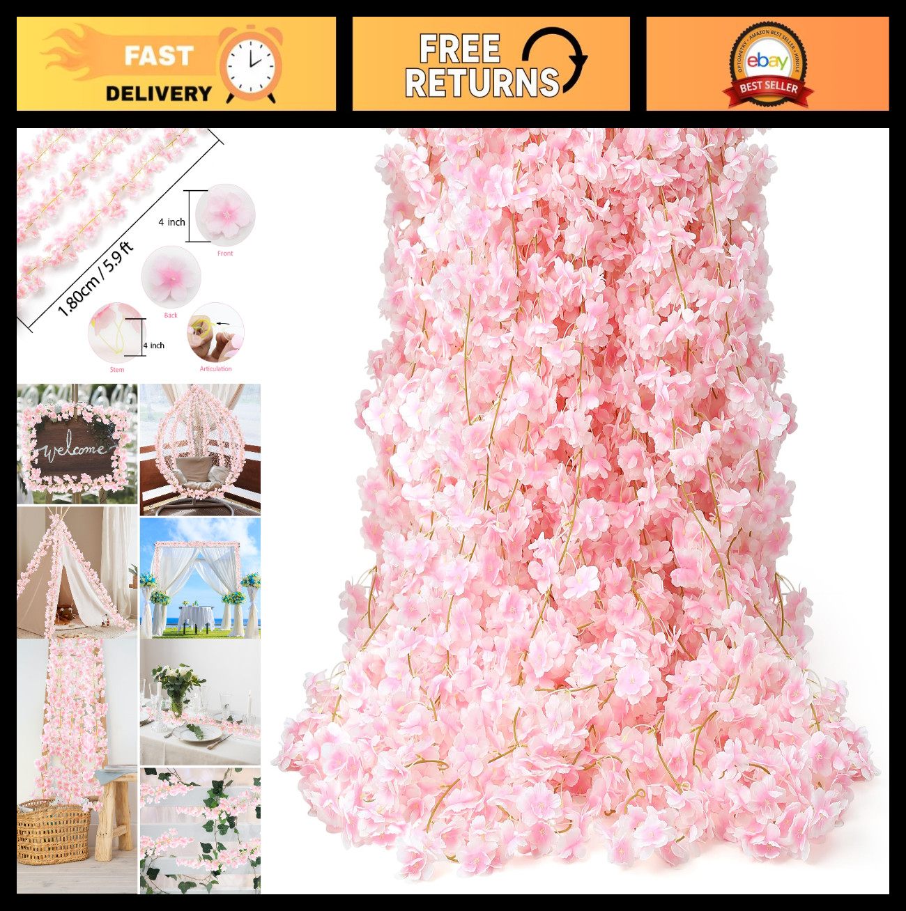 6PC 35.4FT Artificial Cherry Blossom Garland – Pink Silk Vine Decor for Weddings