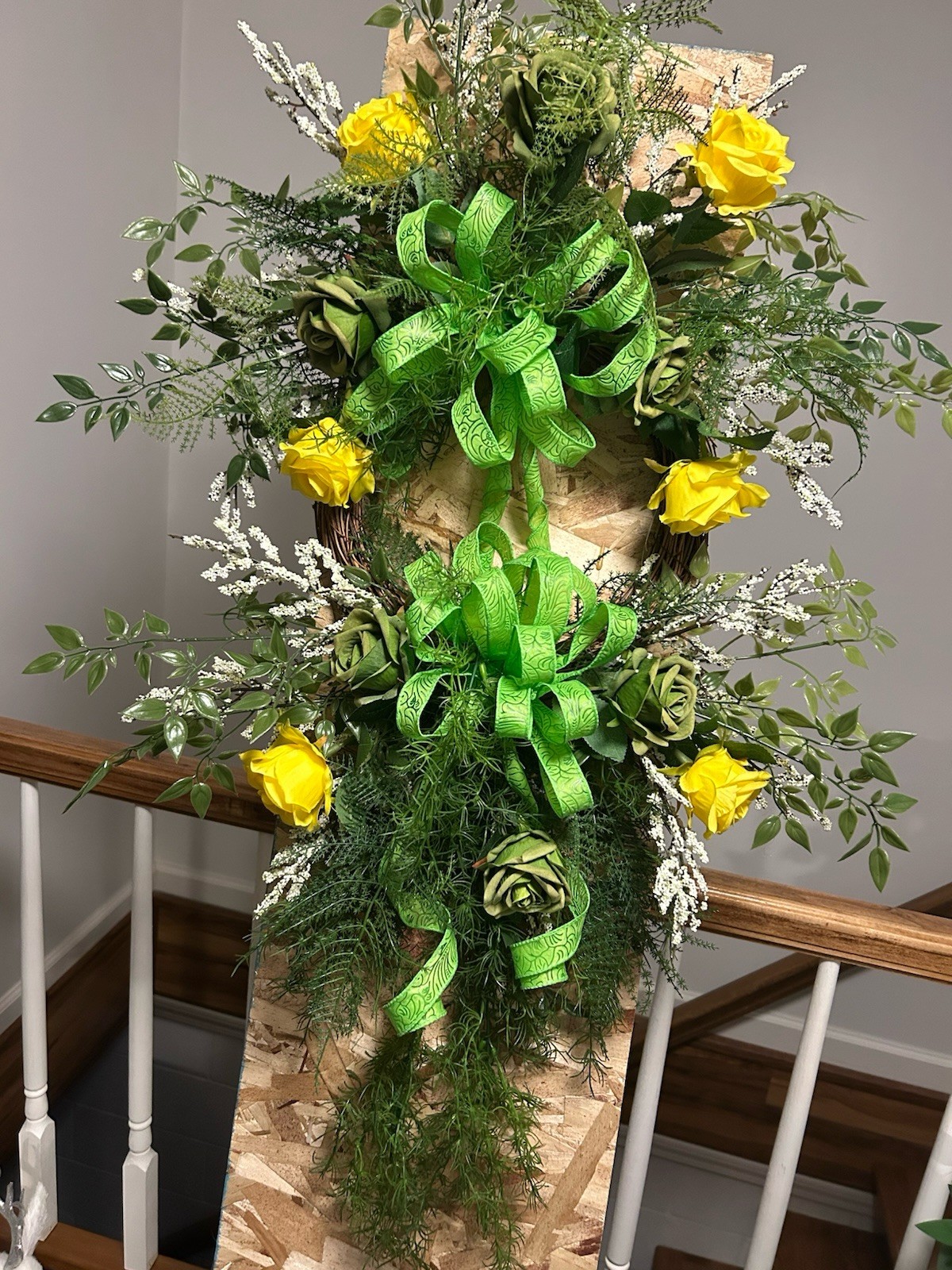 Artificial Yellow Rose Swag Door Decoration with Green Ribbon Bows & Greenery
