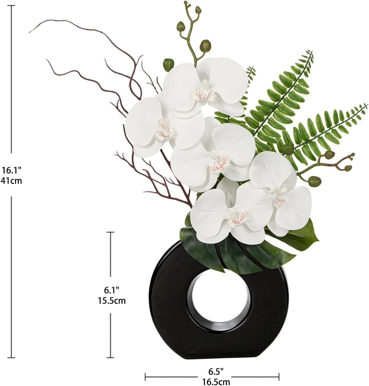 16.1” White Artificial Orchid in Black Pot – Modern Home Office Decor