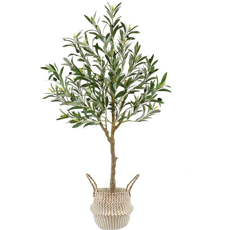 Artificial Olive Tree Faux Plant Indoor Outdoor Decor W/ Woven Basket Black Pot