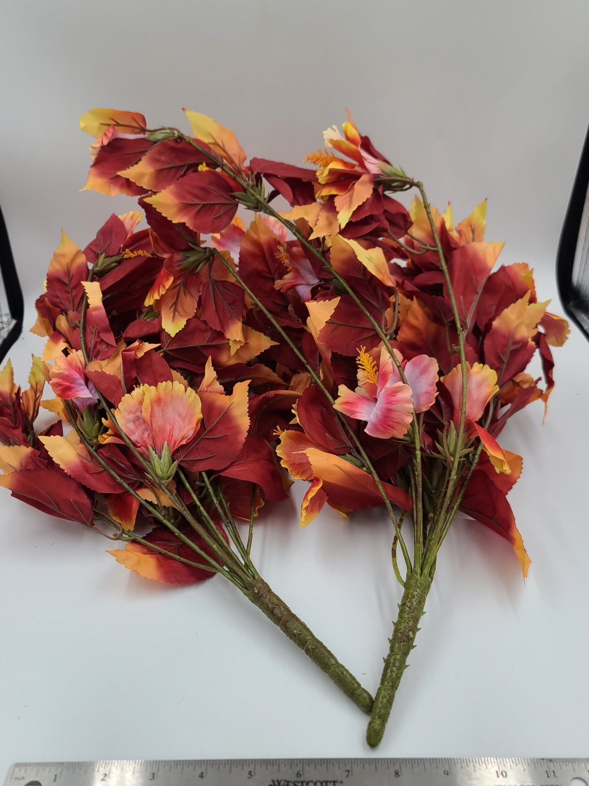 Faux Hibiscus Fake Fall Flowers Burgundy-Pink 2pk