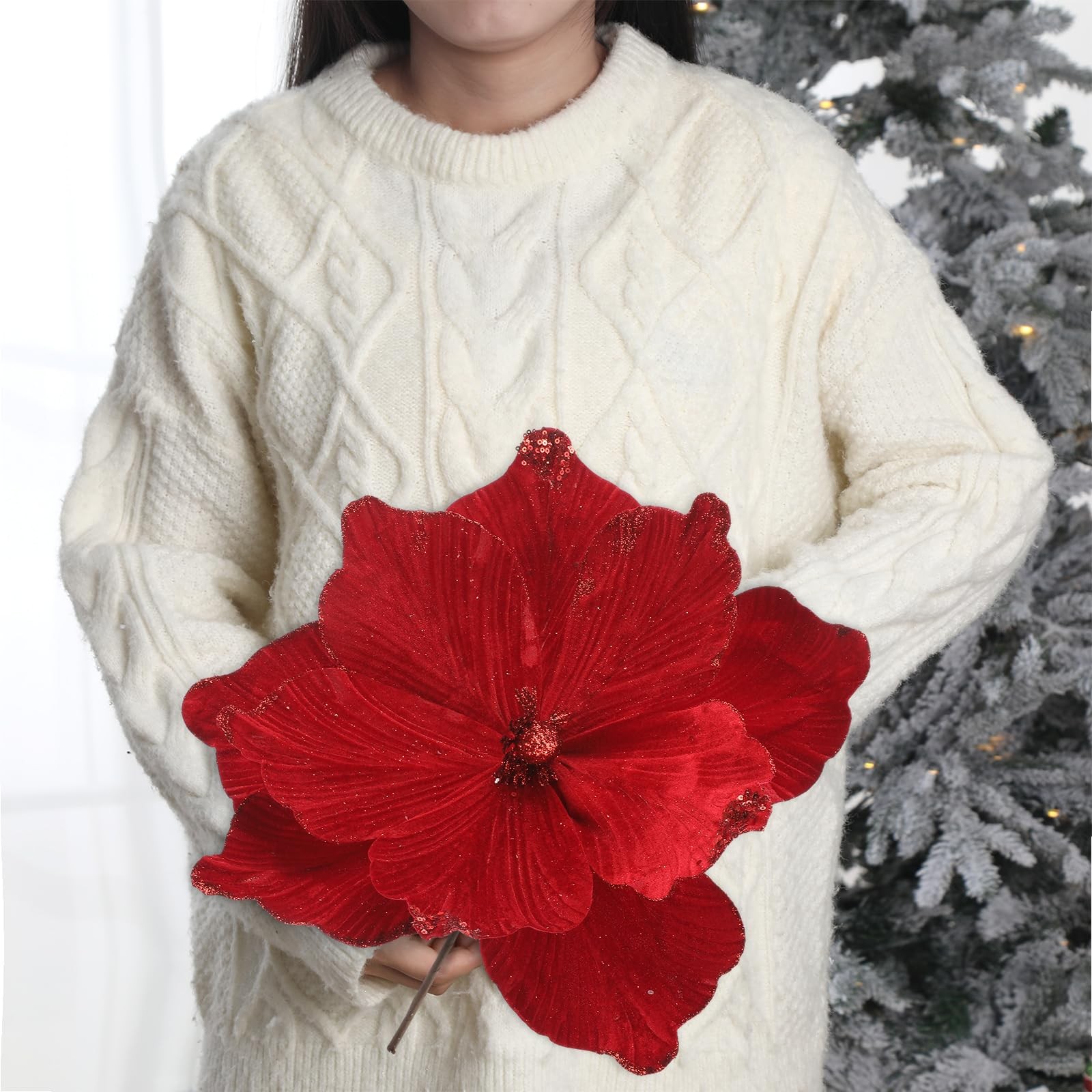 6 PCS Burgundy Large 16 Inch Magnolia Flowers Christmas Tree Decoration