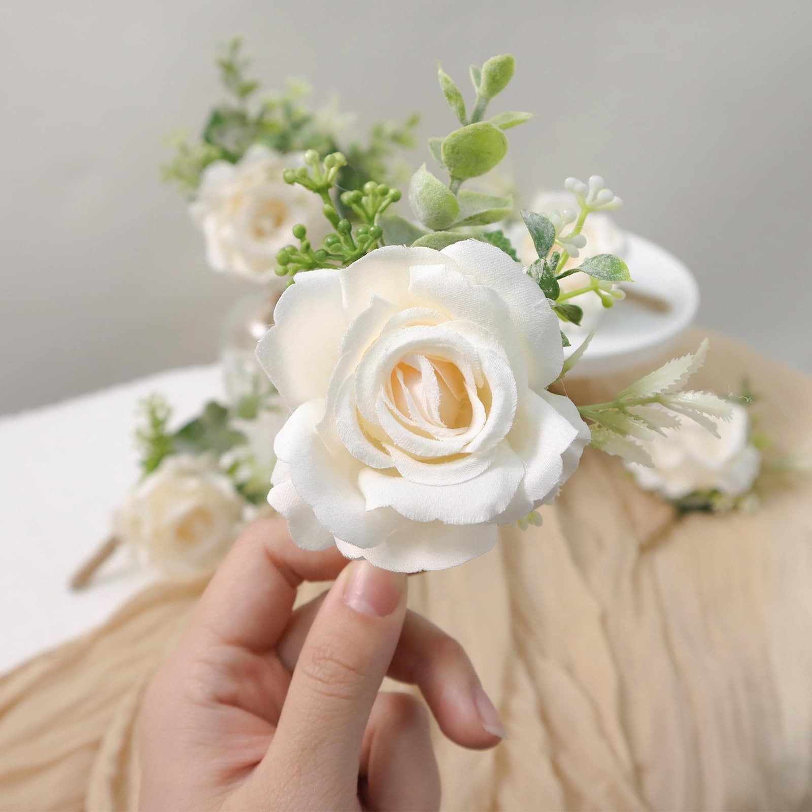 Ivory Rose Boutonniere for Men Wedding Set of 6 Groom Groomsmen Man Artificia