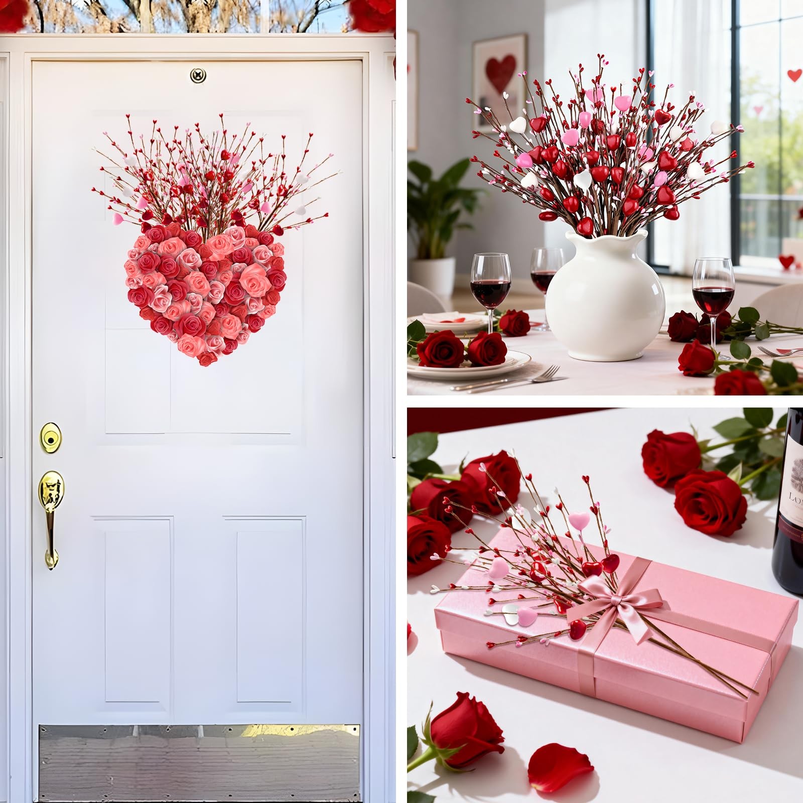 6 PCS Valentine Decor Red Pink White Heart Shaped Berry Picks 17 Inch Flowers