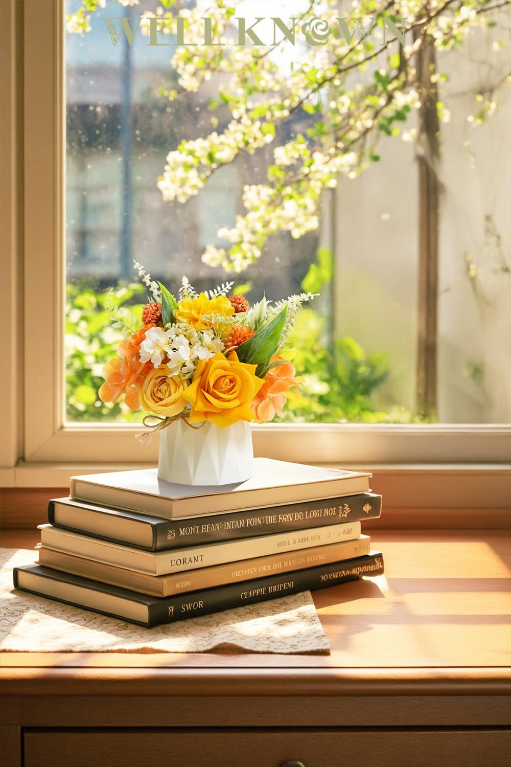 7 Inch Small Fake Flowers in Vase Yellow Orange Silk Centerpiece Arrangement