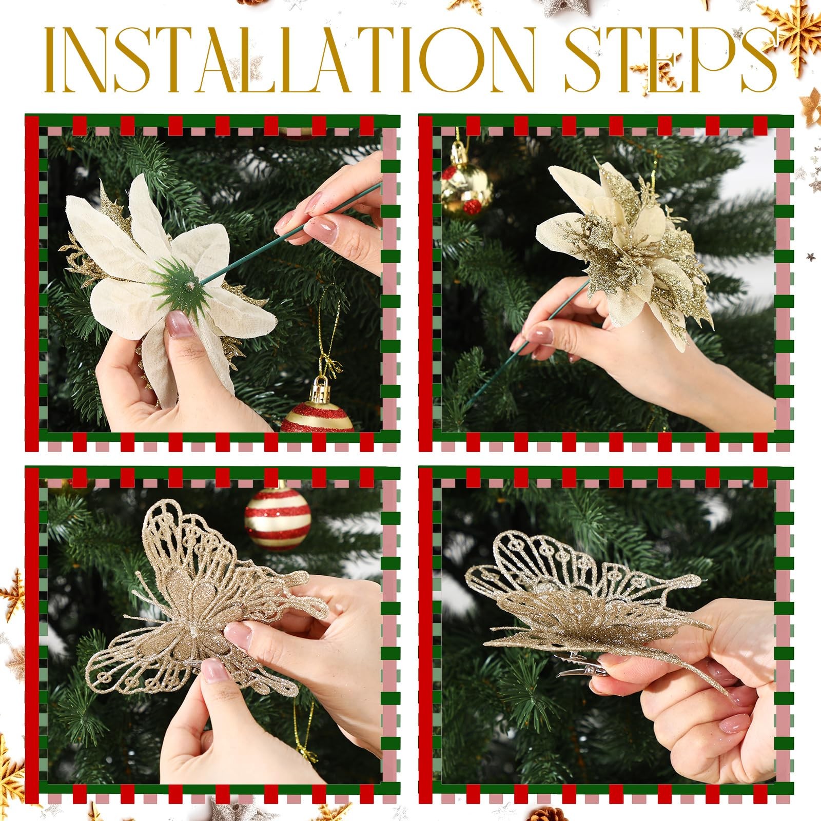 Thiccywoov 122 Pcs Christmas Glitter Poinsettia Artificial Flowers Berry Pick…