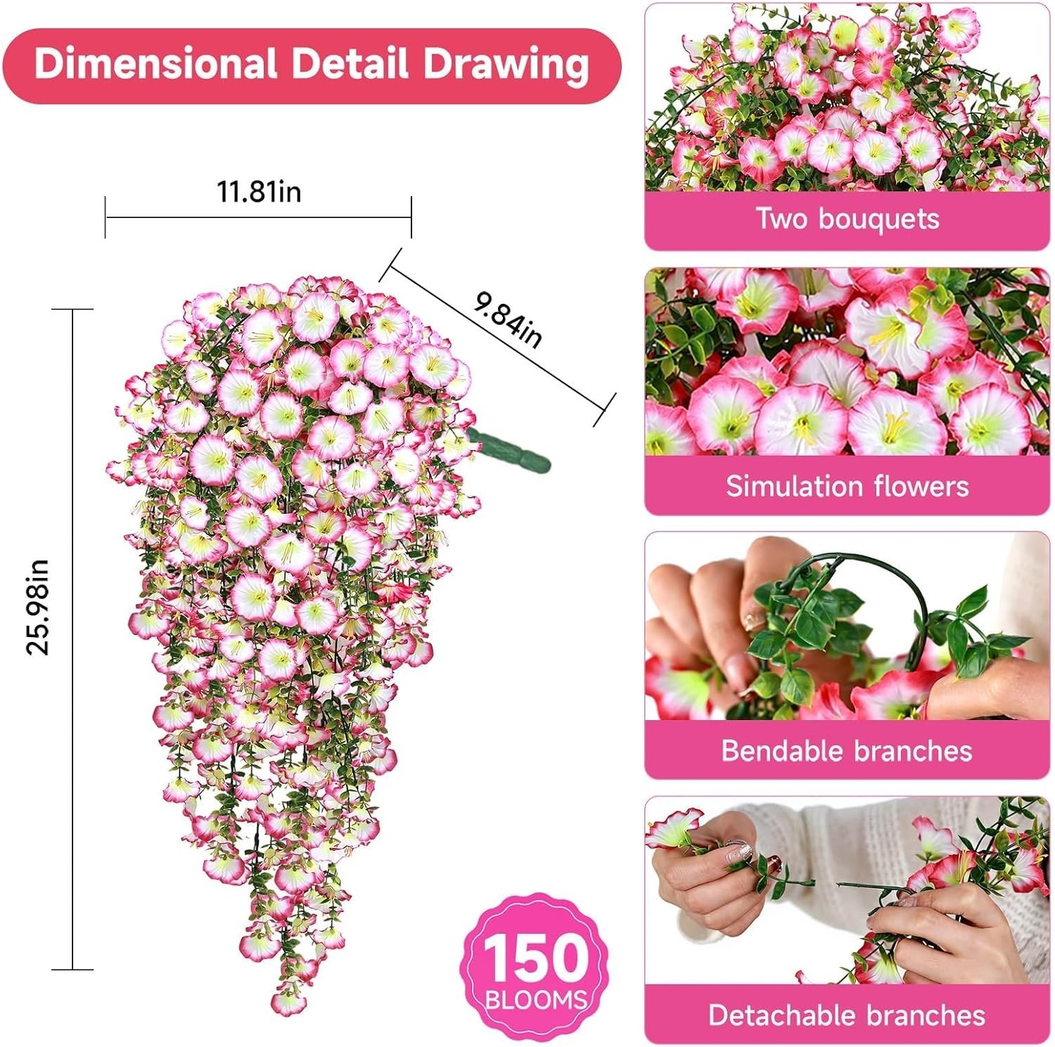 Artificial Hanging Flowers for Outdoors, 2 PCS 300 Blooms UV Resistant Mornin…